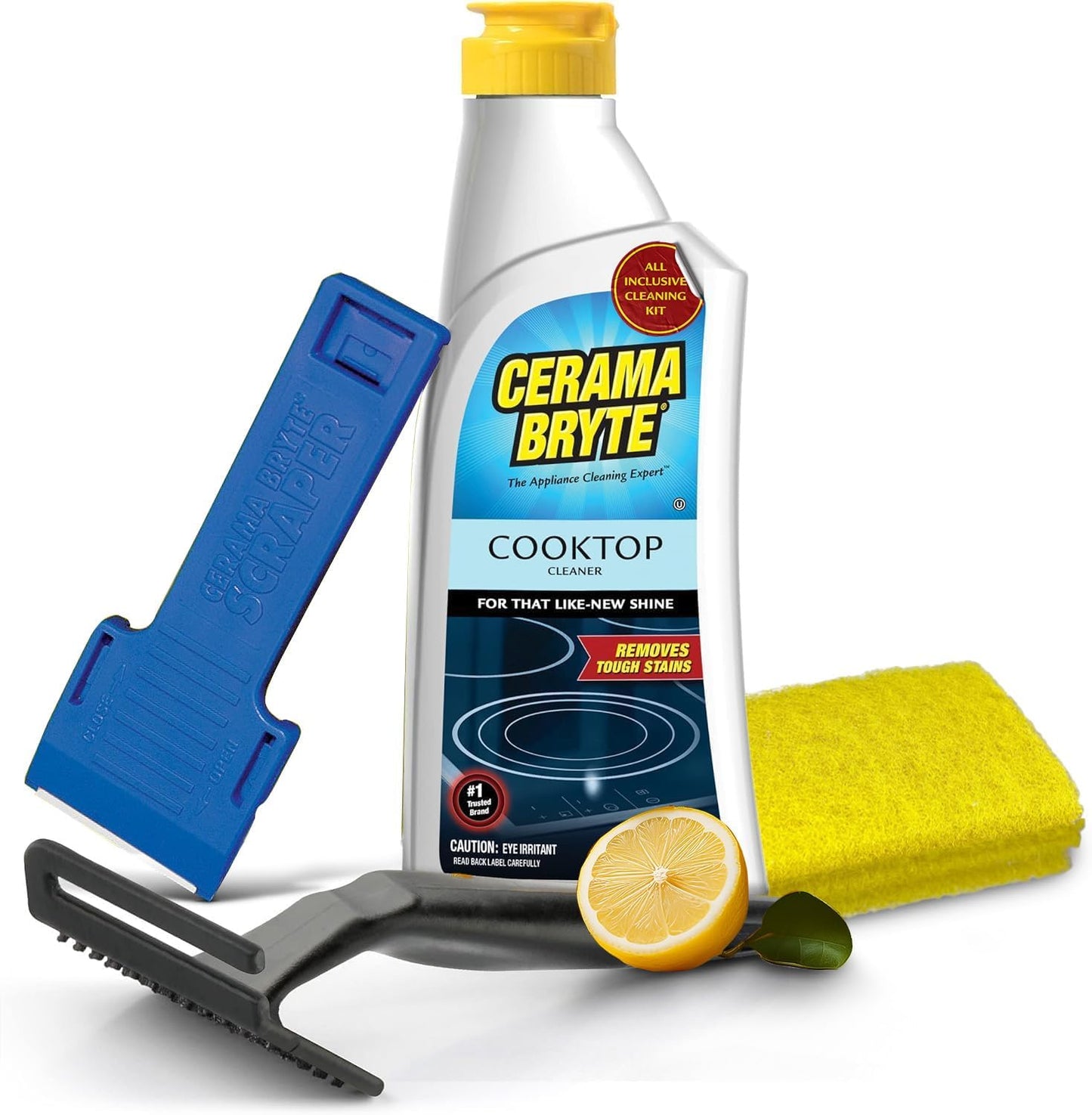 Cerama Bryte Glass Cooktop and Stove Top Cleaner Combo Kit - Includes Cleaning Tool, Razor, Scraper and 3 Pads to Remove Tough Stains - Use on Gas, Electric, Ceramic Surfaces, 10 Ounces, 6 Piece