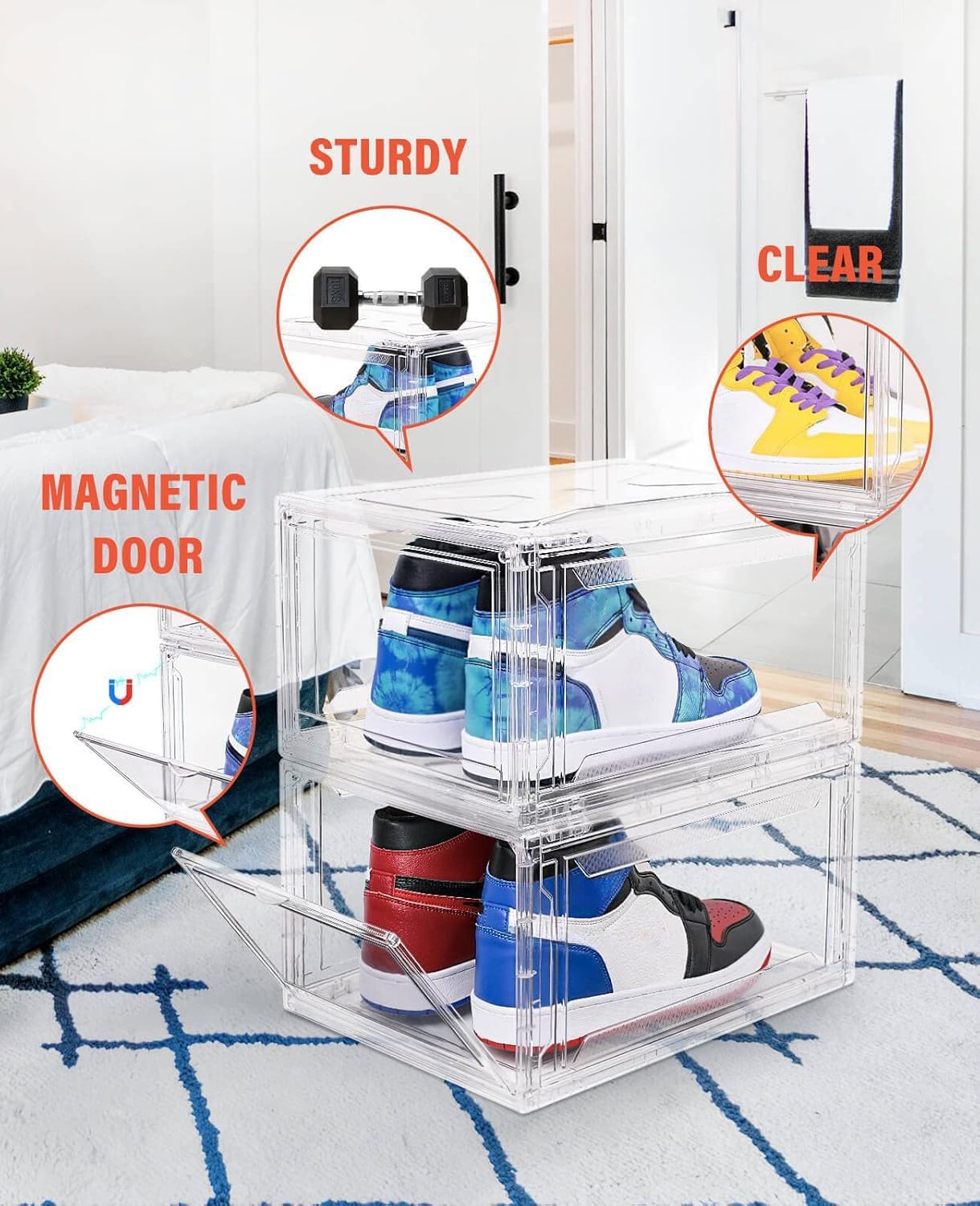 Clear Shoe Boxes Stackable 10 Pack Shoe Storage for Sneakerheads, Front Opening Shoe Organizer, Magnetic Door, Strong and Sturdy Fit for Large Size Shoes 14.96 x 10.24 x 7.87 inches