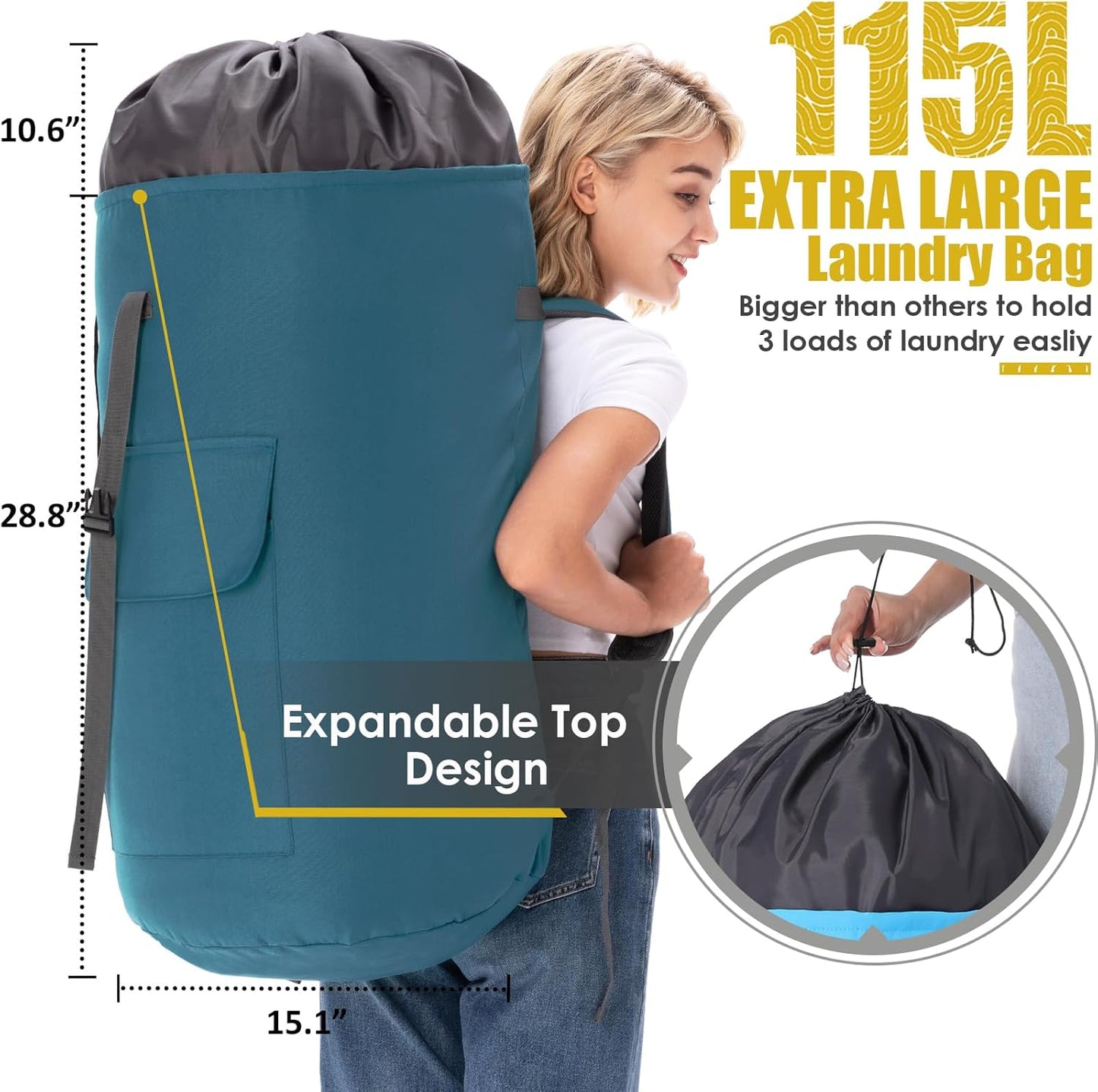 Laundry Bag for College, Backpack Laundry Bag for College Turquoise, 115L Extra Large Laundry Backpack, Heavy Duty Dirty Clothes Bag, Dorm Room Essentials for College, Travel, Laundromat, Apartment