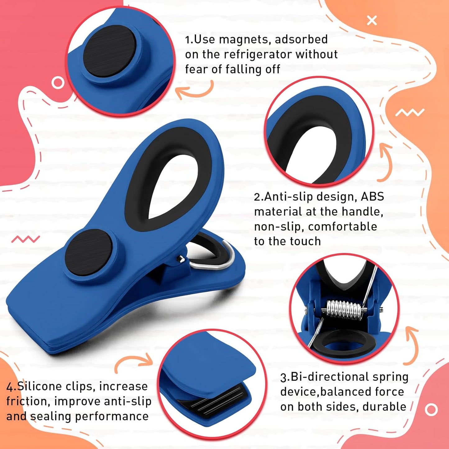 12 Pack Chip Clips, Colorful Magnetic Clip, Plastic Bag Clips with Airtight Seal Grip for Bread, Food Bags, Garden Plants, Snack Bags and Kitchen Organization