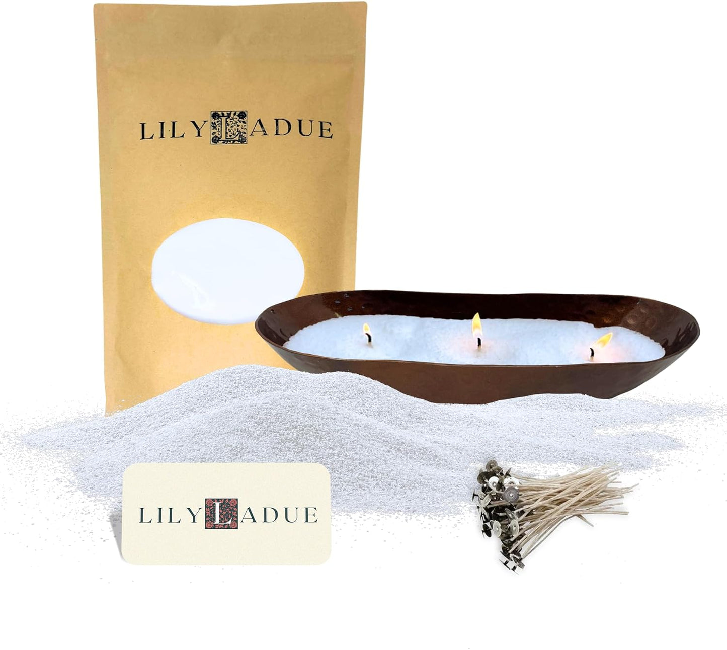 LILY LADUE Sand Candle Kit - 1Lb/16Oz Pearled Candles Sand and Wicks (24) with Bronze Holder, Unscented Aroma Beads, Reusable Pearled Candle Wax for DIY Home Kit, Powder Beads Refill Available