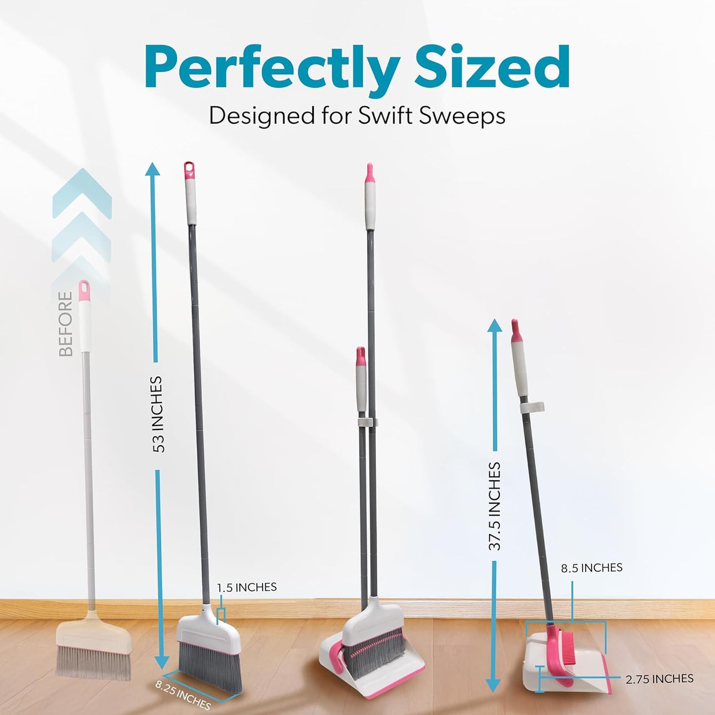 BLACK+DECKER Butler Broom & Dustpan Set - Stand-Up Design - Lightweight, Space-Saving Combo for Kitchen, Living Room, Bathroom, Lobby Floors - Home Cleaning Essential, White/Pink