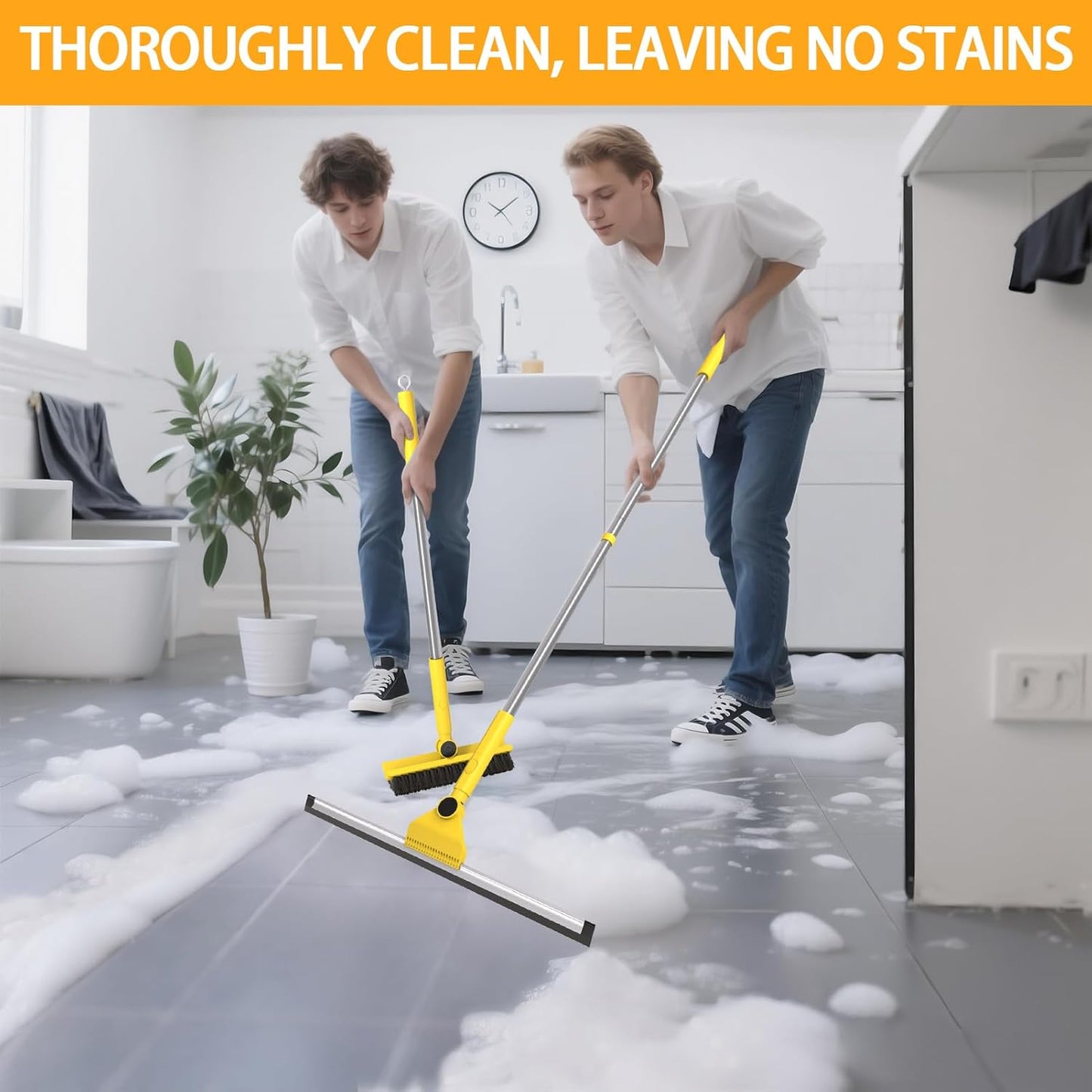 Multi-Purpose V-Shaped Grout Brush with 16.9" Floor Squeegee Set, Long Handle Floor Scrub Brush for Cleaning Bathroom Tile Corner Baseboards, Squeegee for Cleaning Garage Floor Window Glass