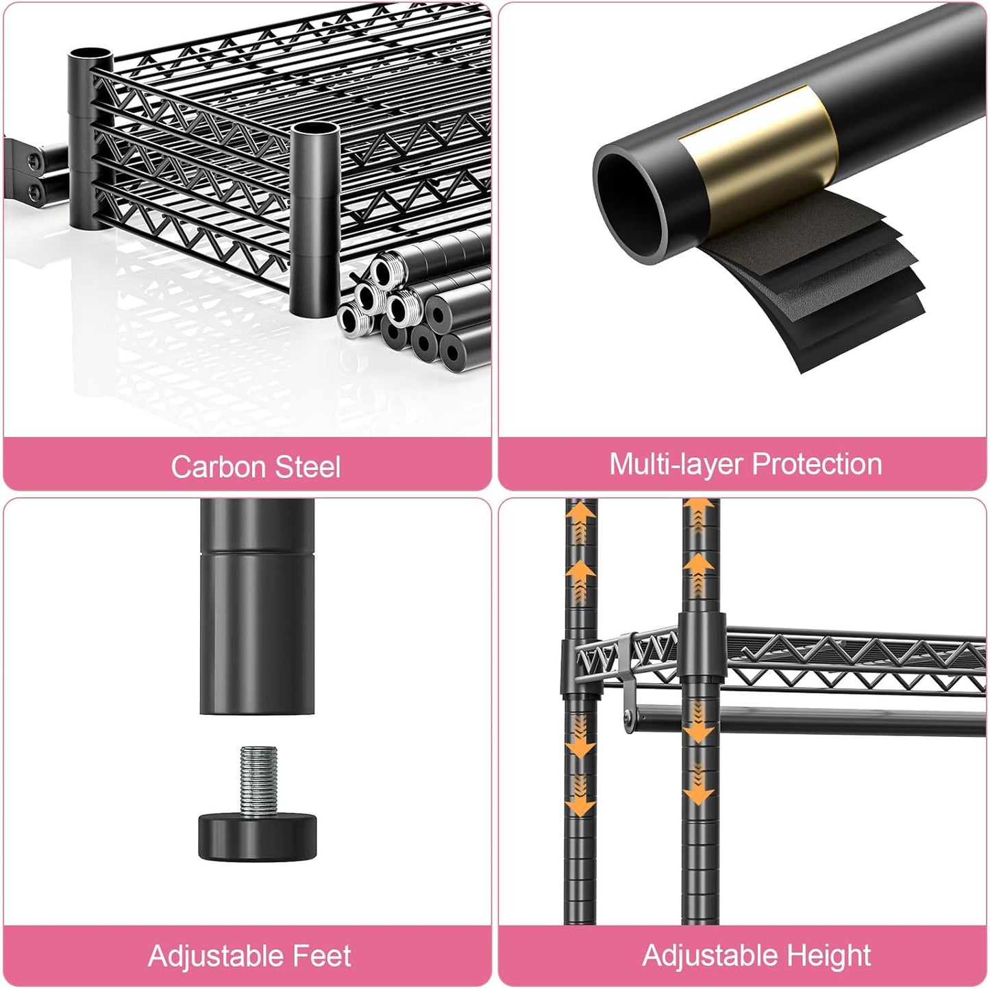 Heavy Duty Rolling Garment Rack 3 Tiers Adjustable Wire Shelving Clothes Rack with 2 Rods and Side Hooks,Storage Closet Clothing Rack with Wheels Black 15.7" D x 45.3" W x 79.6" H