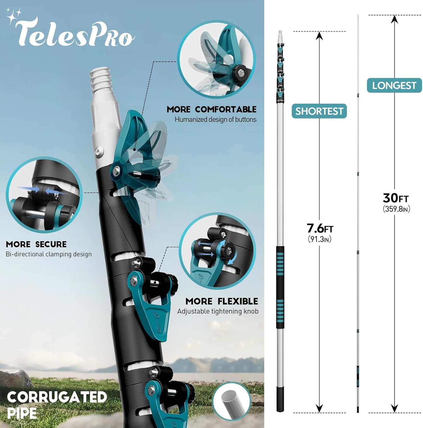 30 Foot High-Reach Duster Kit with 6-24FT Extendable Pole - High Ceiling Duster Cleaning Kit with Telescopic Pole,Cobweb Duster, Chenille Ceiling Fan Duster, Microfiber Feather Duster