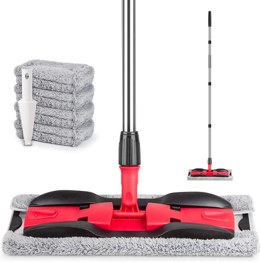 MEXERRIS Microfiber Mops for Hardwood Laminate Tile Floor Cleaning: Stainless Steel Handle - 4 Reusable Flat Mop Refills and 1 Dirt Removal Scrubber Included - Dry Dust Mop Commercial Home Use