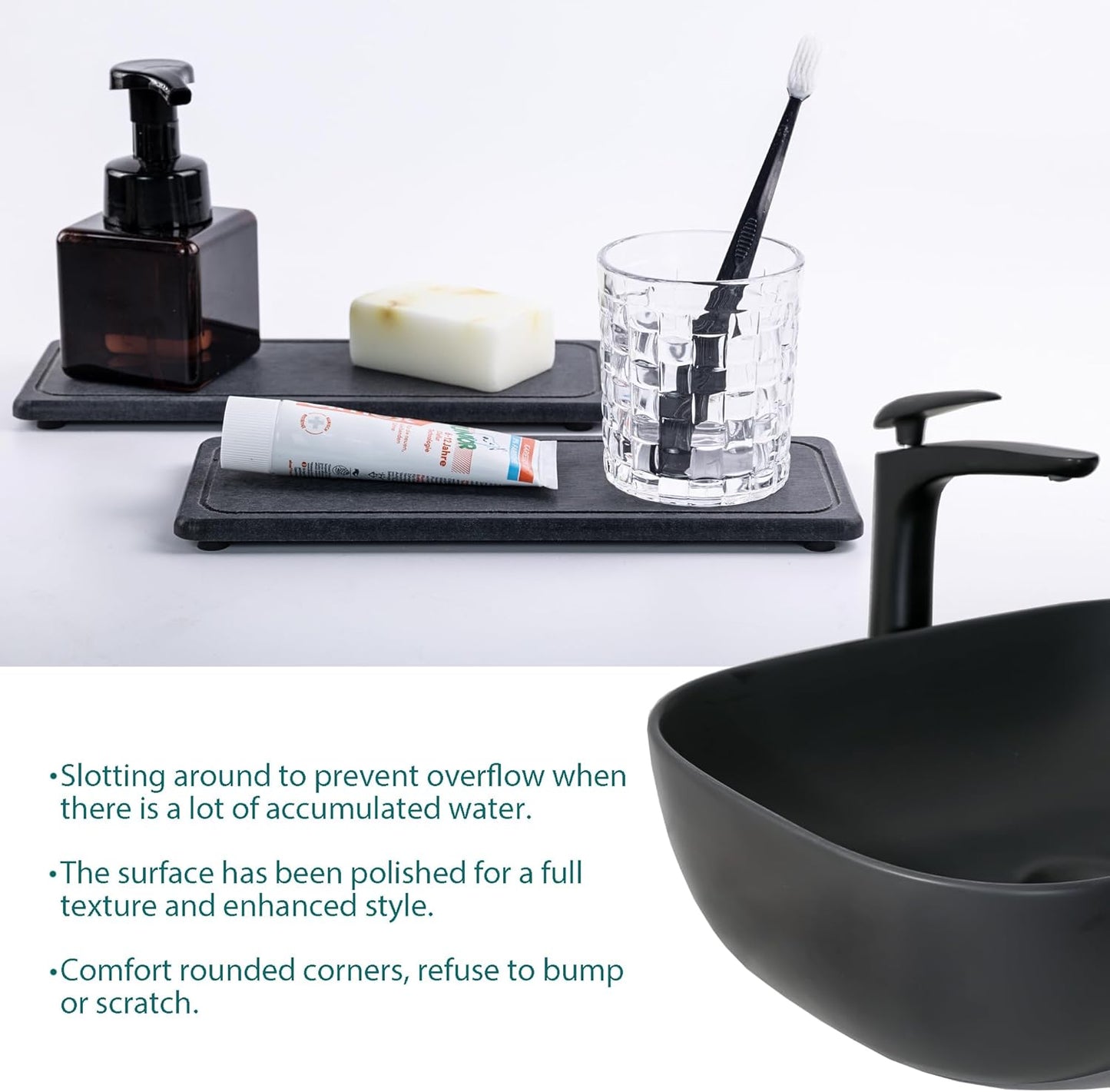 2 Pcs Water Absorbing Stone Trays, Kitchen/Bathroom Sink Soap Dish, Diatomite Tray Used for Hand Soap & Cosmetic Bottles in The Modern Home, 4" W x 10.2" L, Dark Gray