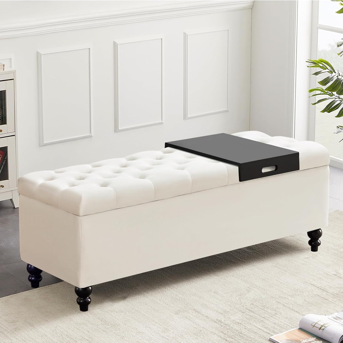 Living&Giving Storage Ottoman 50.2 Inches Upholstered Fabric Storage Ottoman Bench，Button Tufted Ottoman with Storage for Living Room，Bedroom End of Bed Bench Withstands 304lbs (Ivory-TP)
