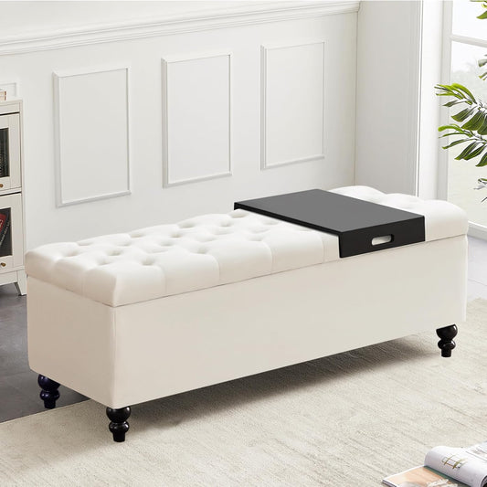 Living&Giving Storage Ottoman 50.2 Inches Upholstered Fabric Storage Ottoman Bench，Button Tufted Ottoman with Storage for Living Room，Bedroom End of Bed Bench Withstands 304lbs (Ivory-TP)