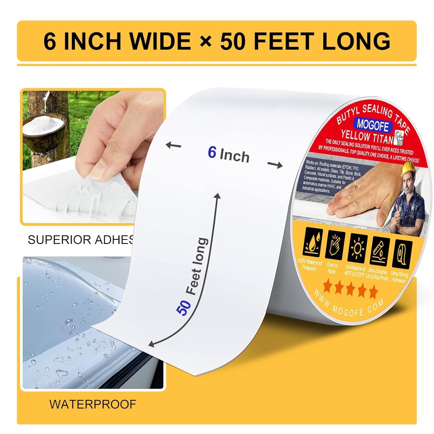 RV Roof Sealant Tape White, 6 Inch x 50 Feet RV Repair Roof Sealer Seal Tape UV-Resistant Waterproof Sealant Tape for RV Repair, Camper, Trailer, Boat Sealing, Leaking Roof, Window