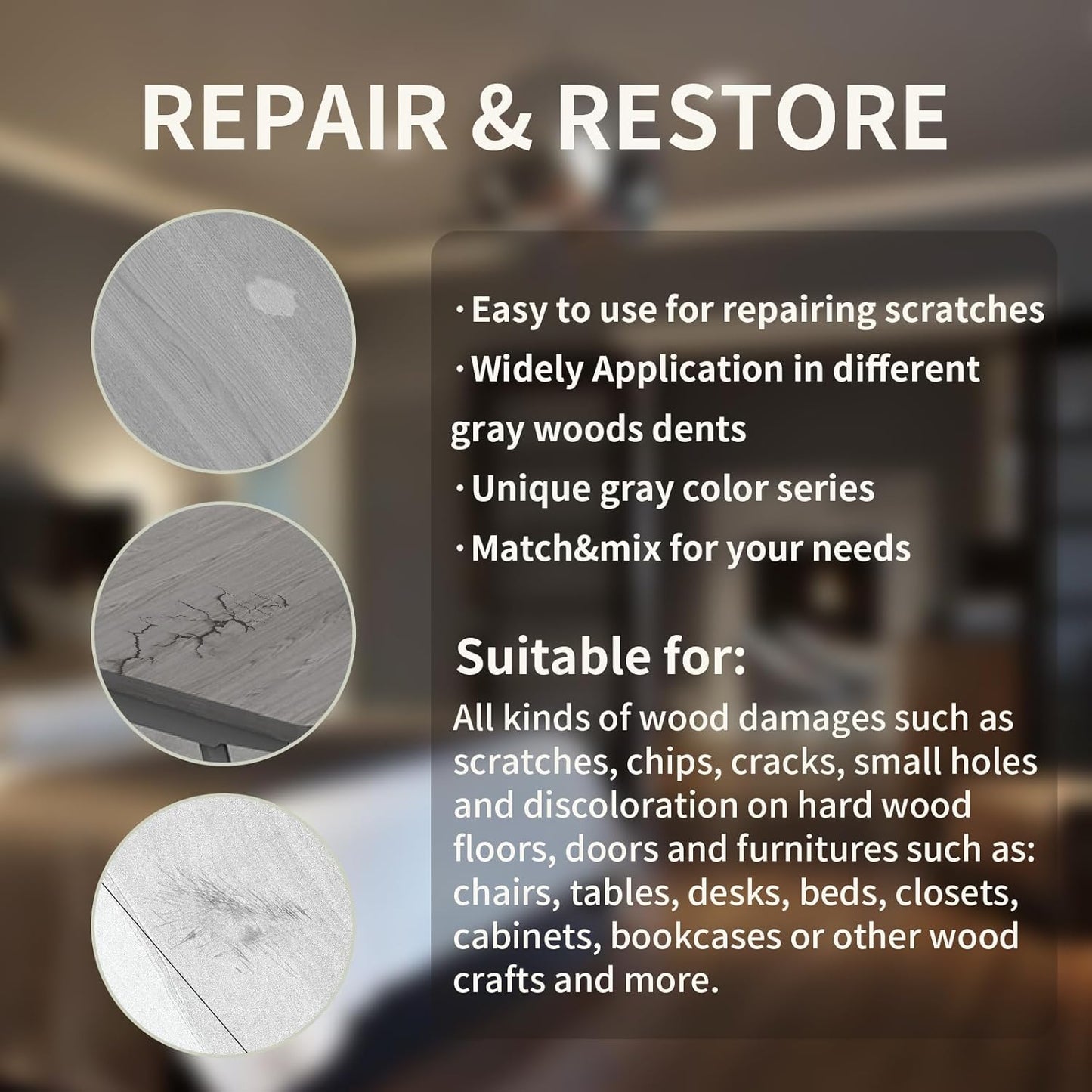 Wood Repair Kit, 13Pcs Wood Fillers, Furniture Repair Kit Scratch Cover for Wood Cracks, Stains, Discoloration for Furniture, Table, Door, Cabinet, Floor Wood Touch Up Wood Stain Paint, Gray