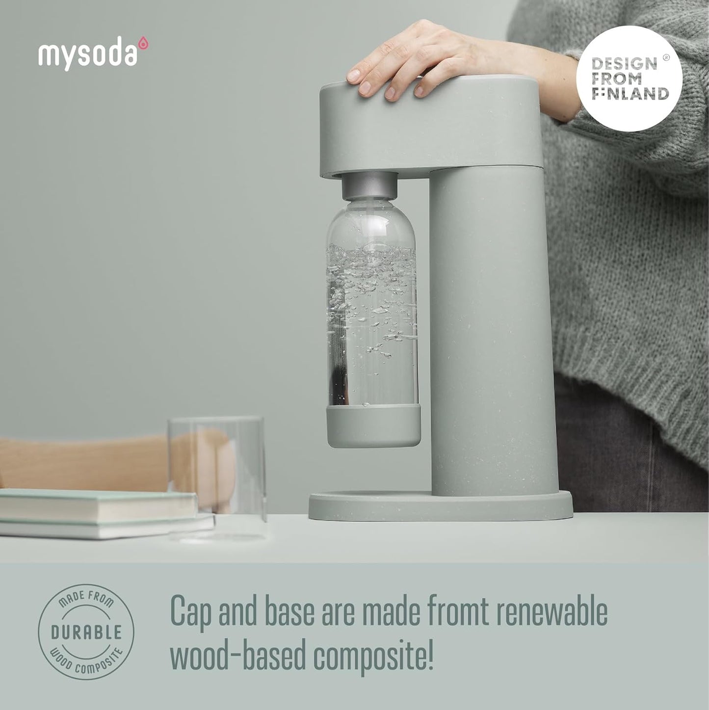 Mysoda Carbonating Bottles 2Pck 1L - Compatible with MySoda and any brands - Quick-Lock Reusable Bottles - Lid and Base Made of Wood Composite - BPA Free - Sage Green