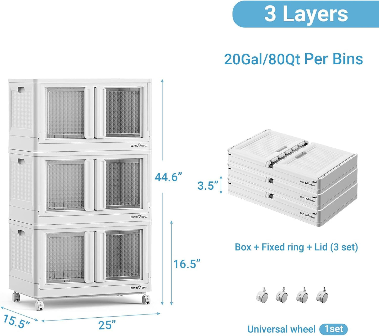 BROVIEW 300 Qt Stackable Storage Bins with Lids & Doors, 3 Pack Plastic Closet Organizer and Storages Drawers with Wheels, Large Collapsible Storage Boxes, Cabinet for Home, Office, V10, White