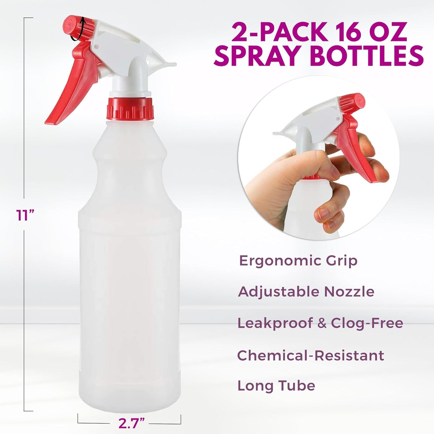 DilaBee Plastic Spray Bottle (2 Pack) - 16oz Empty Spray Bottles for Cleaning, Gardening & Grilling - Leakproof & Adjustable Nozzle Water Spray Bottle - Heavy Duty & BPA Free Plastic Spray Bottles