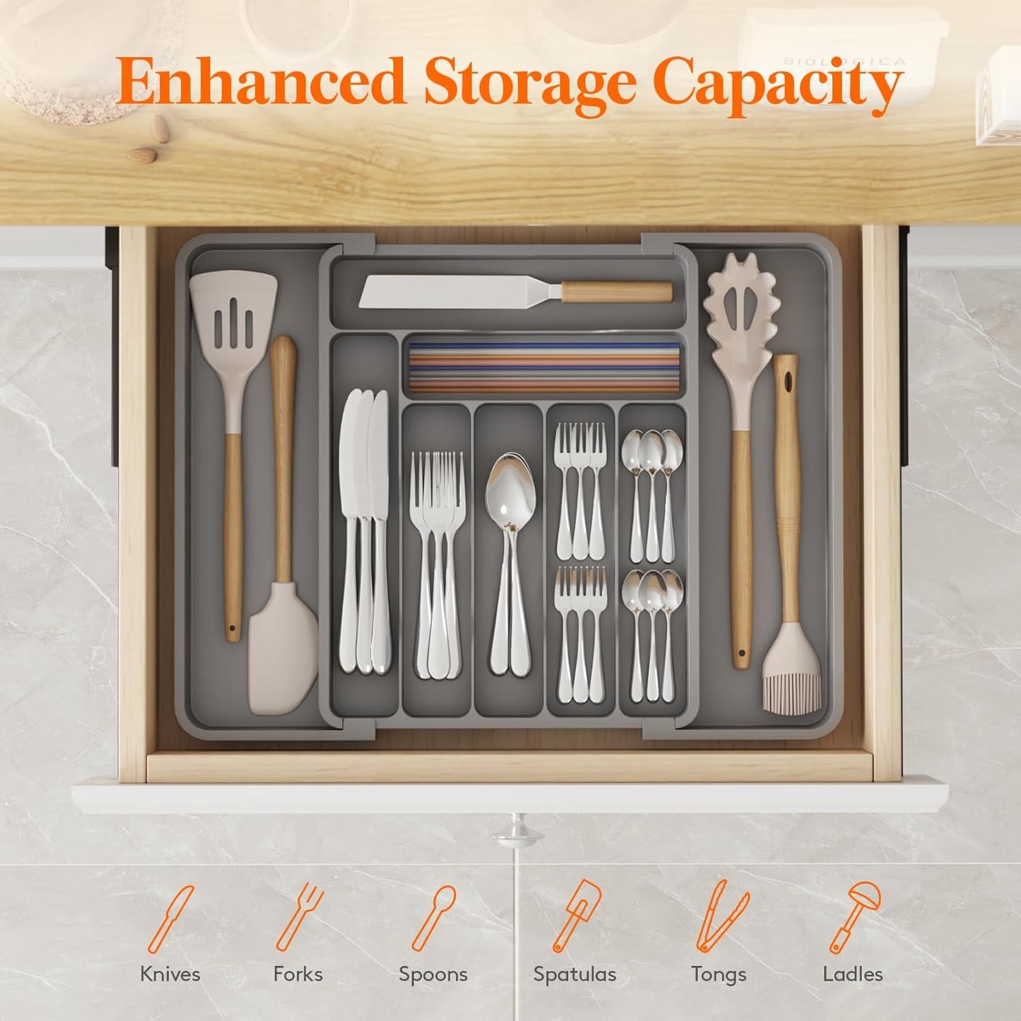Lifewit Silverware Drawer Organizer, Expandable Utensil Organizer for Kitchen Drawers, Adjustable Cutlery and Flatware Tray, Plastic Spoons Forks Knives Holder Storage Dividers, Medium, Gray