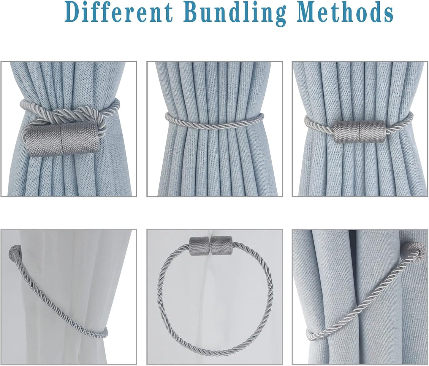 Magnetic Curtain Tiebacks 2 Pack Grey Curtain Rope Tieback Curtain Holders for Drapes Modern Tie Backs Decorative Curtain Holdbacks