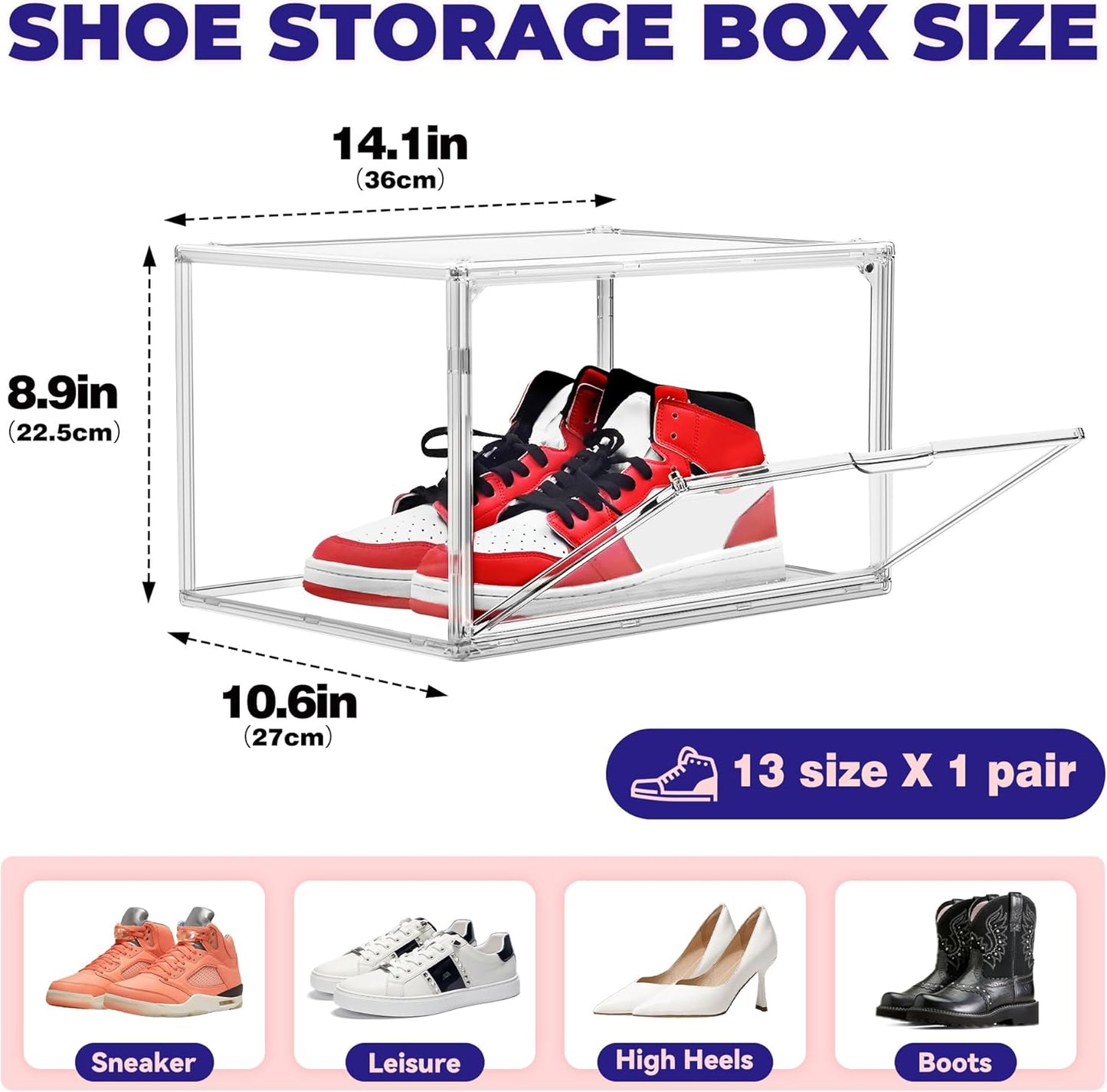 Shoe Storage 6 Pack, Acrylic Clear Shoe Storage Box Stackable Large Sneakers Display Case with Magnetic Door Hat Boxes Shoe Organizer for Closet, Fit up to US Size 13