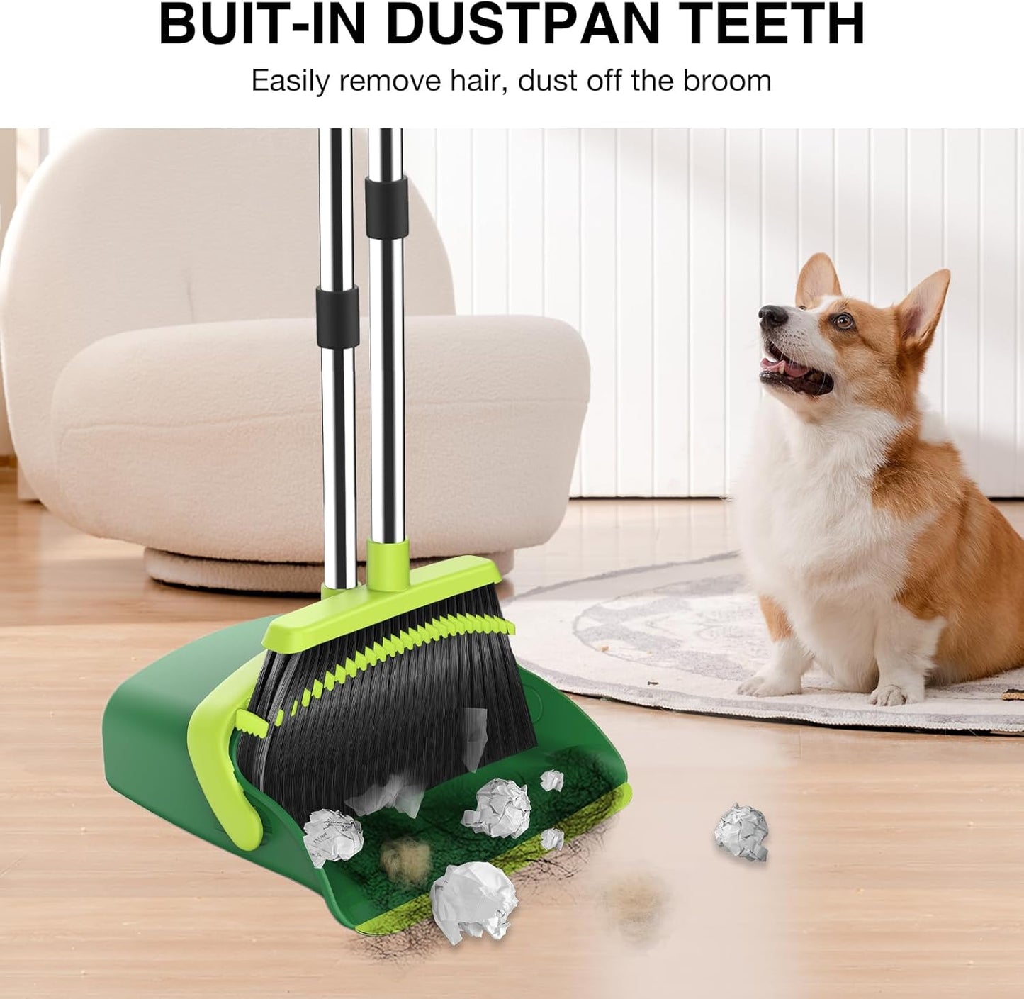Broom and Dustpan Set, 52-in Long Adjustable Handle Broom Dustpan Combo with Dust pan Teeth to Automatically Clean Hair Suitable for Home Kitchen Office Hall Floor (Green), 2 Pack