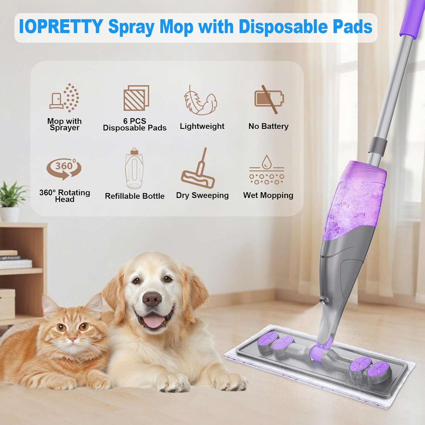 Spray Mops for Floor Cleaning - Wet Dry Mops with 6 Disposable Pads for Swiffer Powermop - Refillable Bottle for Hardwood Tile Home Kitchen - Absorbs Pet Hair Dust Stains