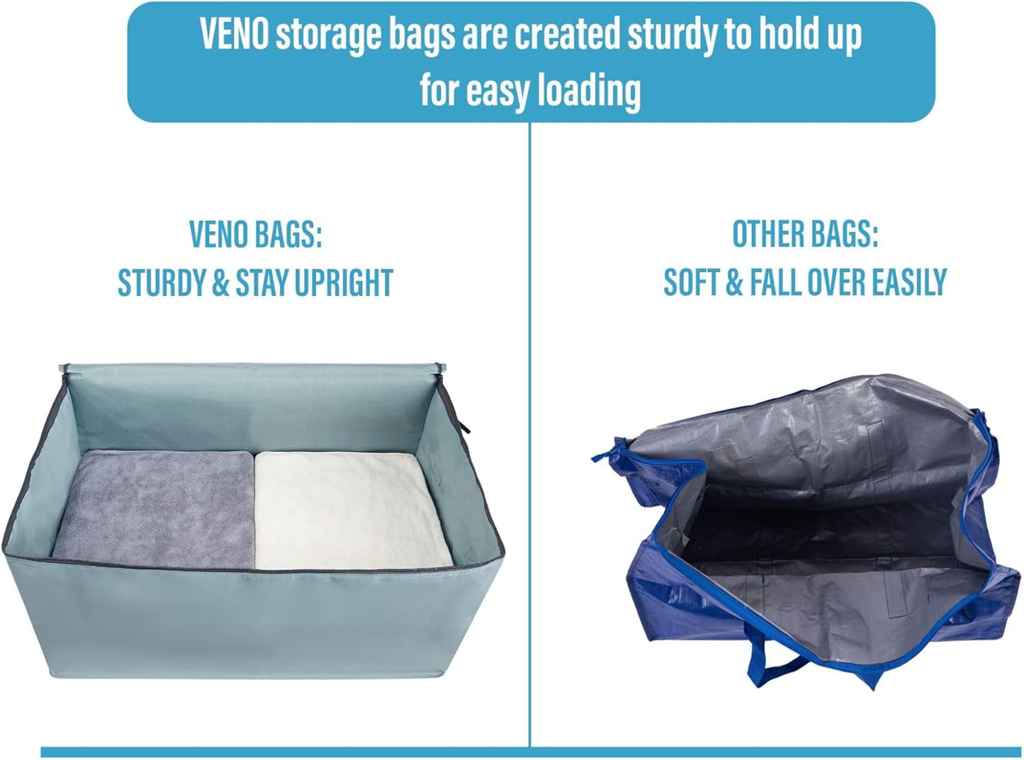 VENO 2 Pack Moving and Storage Bags, Heavy Duty, Alternative to Moving Boxes, Large Packing Totes Supplies for College Dorm Room with Zipper for Clothes, Wide Open Design (Light Blue Matte, 2 Pack)