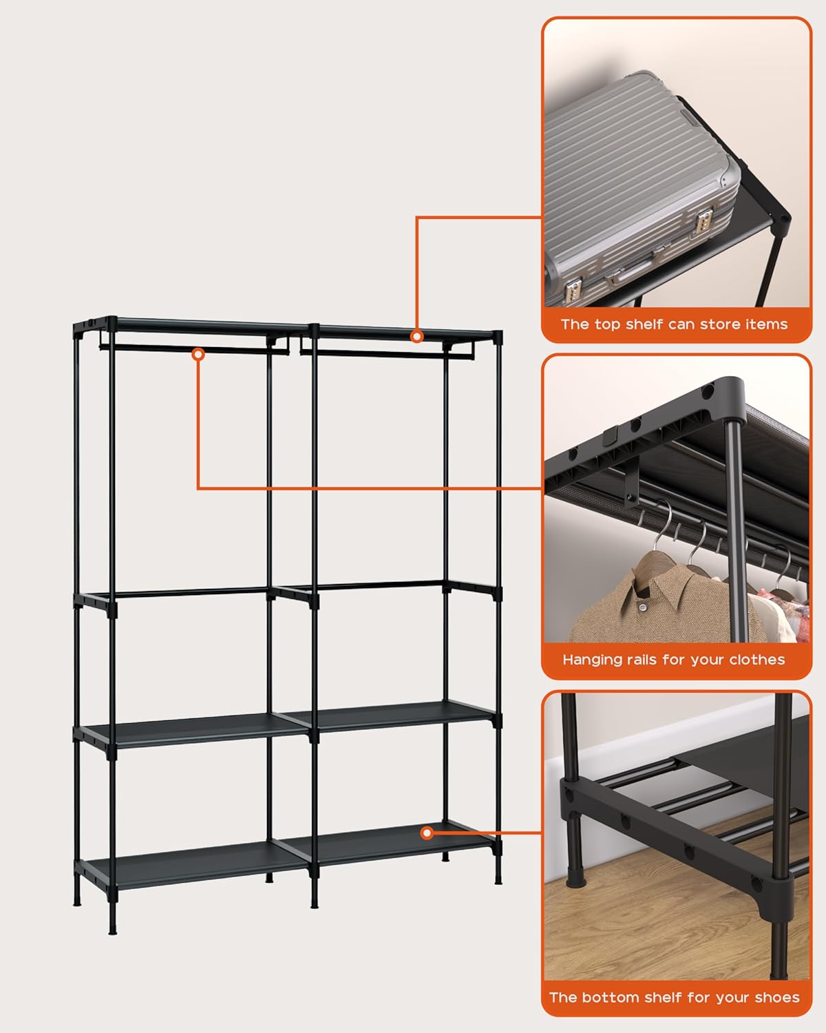 Clothes Rack, Portable Closet, 54.3 Inch Large Capacity Wardrobe Closet, Clothes Storage Organizer with Shelves and 2 Hanging Rods, Easy to Assembly, Black PCT002B01