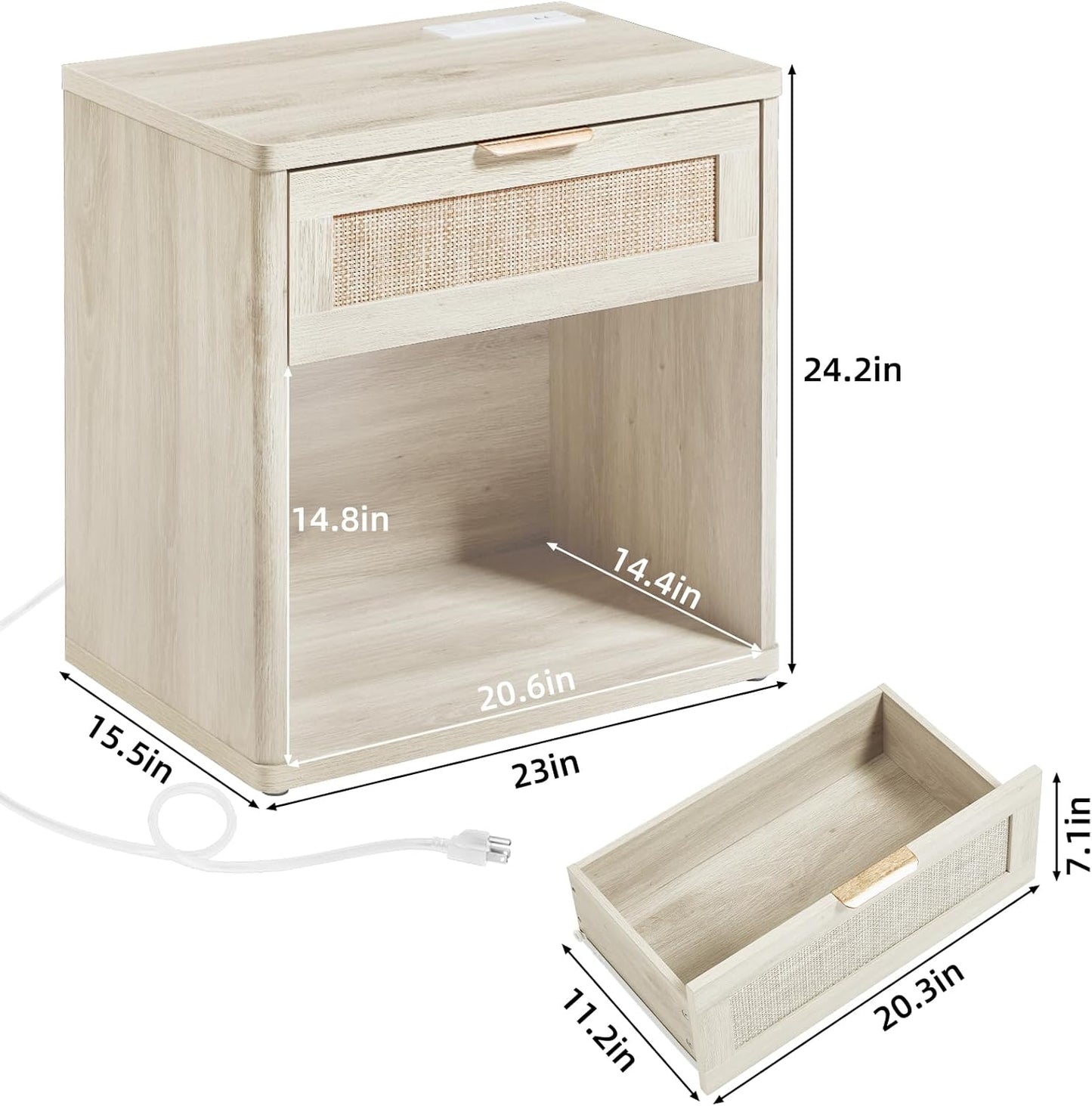 LEYAOYAO Rattan Nightstand with Charging Station, 23" Wide Boho Night Stand with Drawer, Grey White Bedside Table Open Storage Cabinet, Bed Side End Tables Dresser for Bedroom, Living Room, Hallway