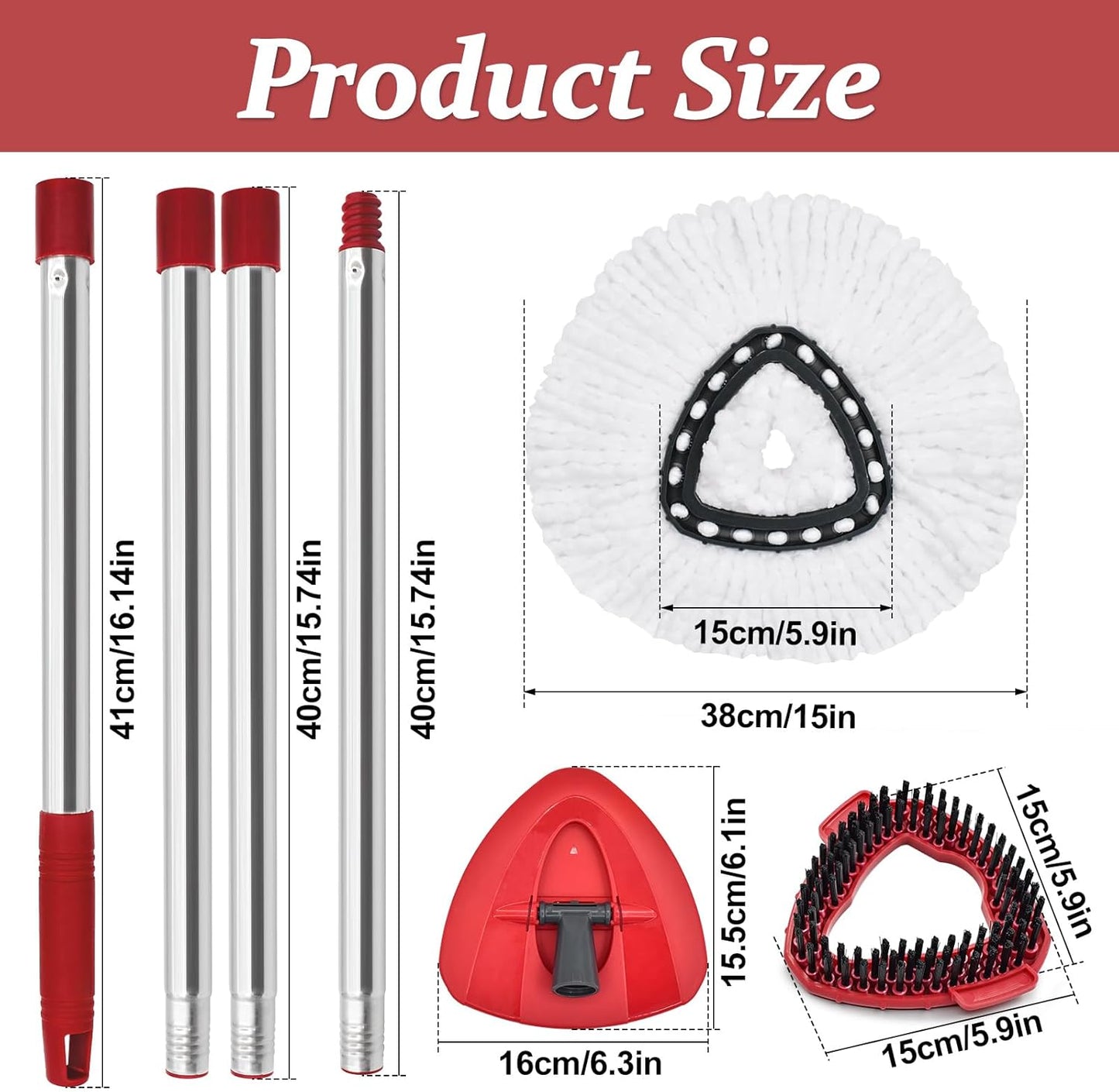 Spin Mop Handle Replacement for Ocedar, Mop Heads Replacements Compatible with O-Cedar EasyWring 1-Tank System, Include 4-Section Handle, 2 Replace Heads,1 Scrub Brush, 1 Base for O Cedar Spin Mops