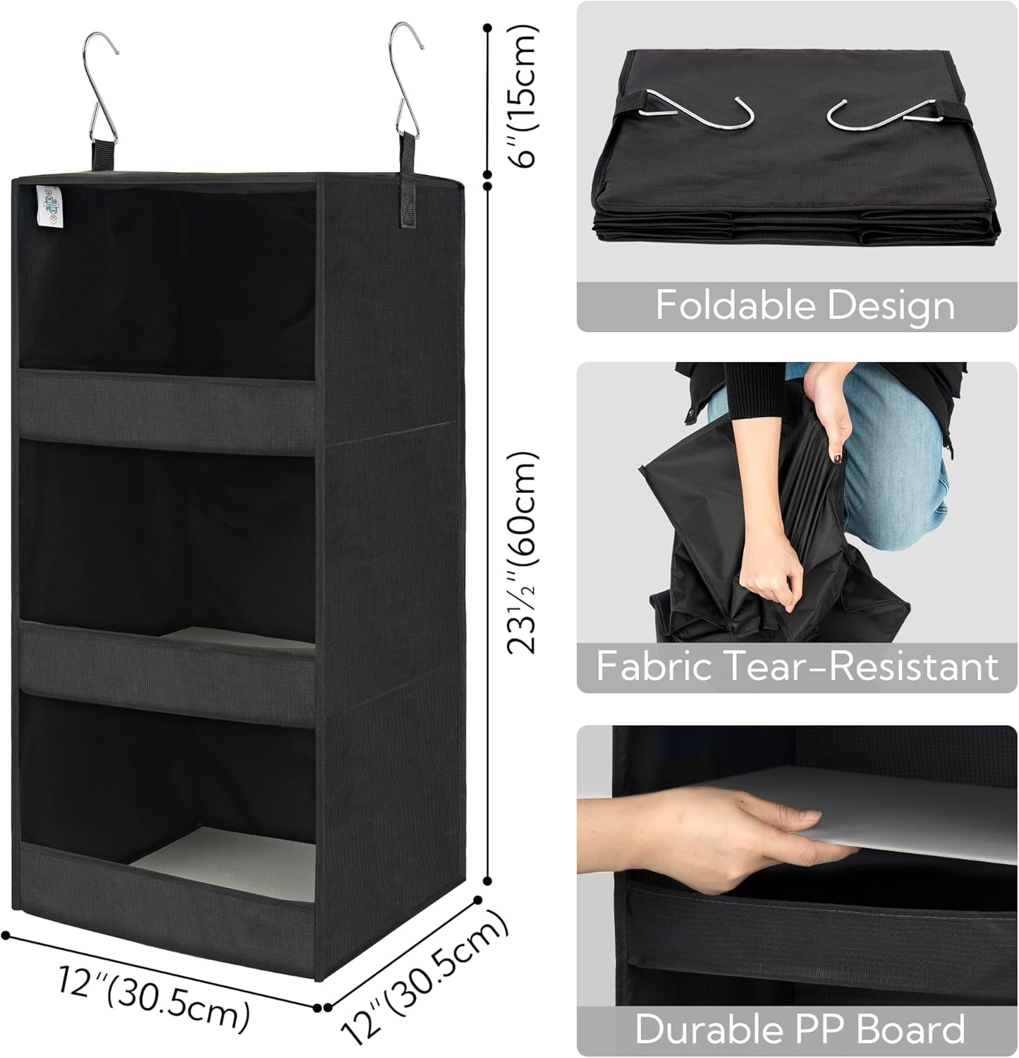 GRANNY SAYS 3-Shelf Hanging Closet Organizer, Collapsible Closet Hanging Shelves, Nursery Hanging Organizer, Black, 29 ½" H X 12" W X 12" D, 1-Pack