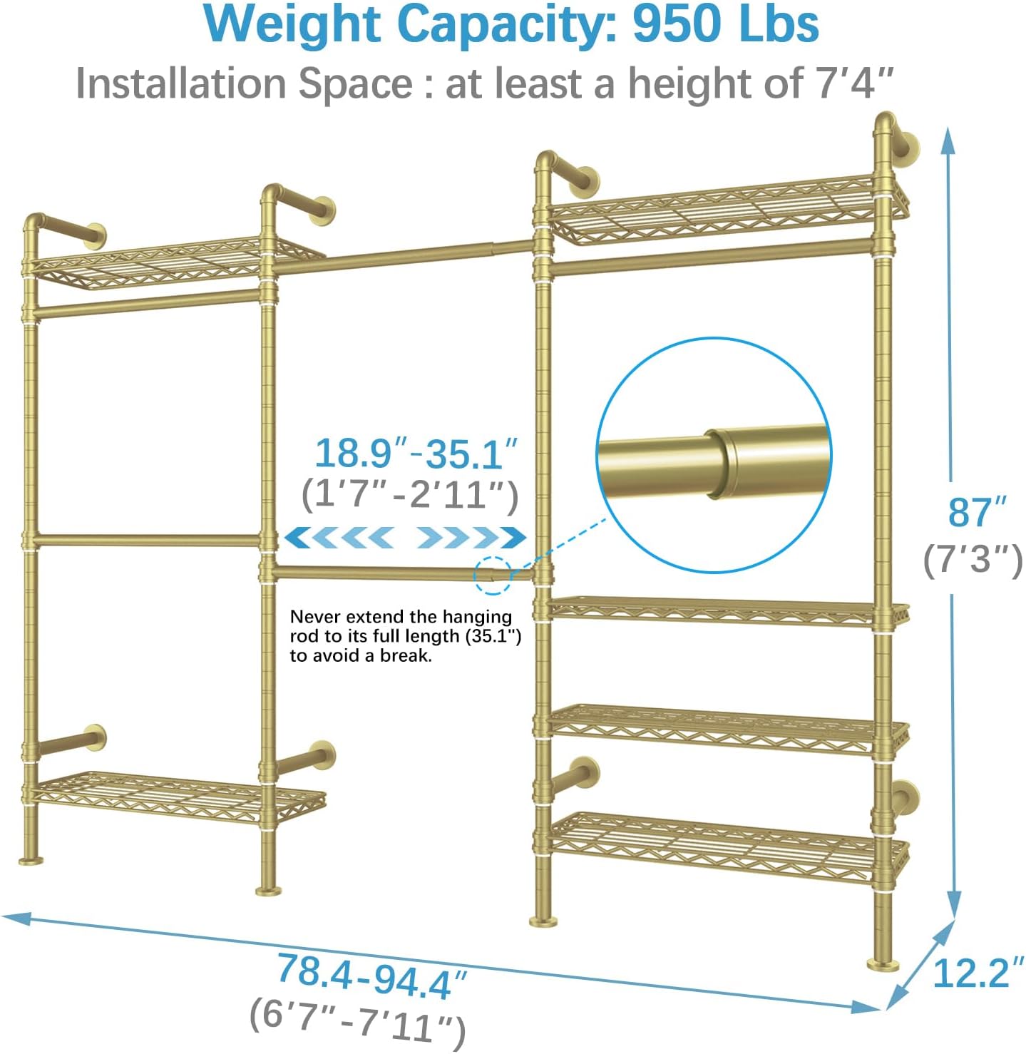 Timate F3 Garment Rack Heavy Duty Clothes Rack for Hanging Clothes, Expandable Industrial Pipe Wall Mounted Clothing Rack, Adjustable Storage Closet Wardrobe Closet Kit Walk in Closet Systems, Gold