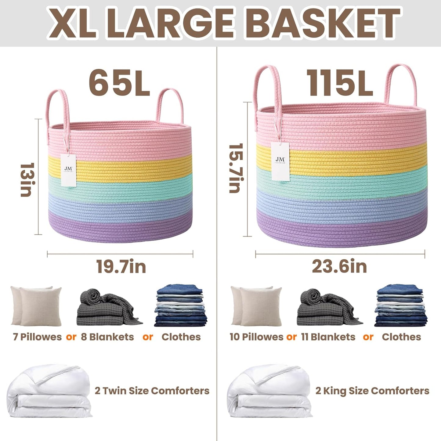 Woven Blanket Basket,65L Large Rope Storage Bin with Handles, Organizer for Blankets Toys Book and Clothes, Laundry Basket for Living Room Bedroom Nursery,Rainbow