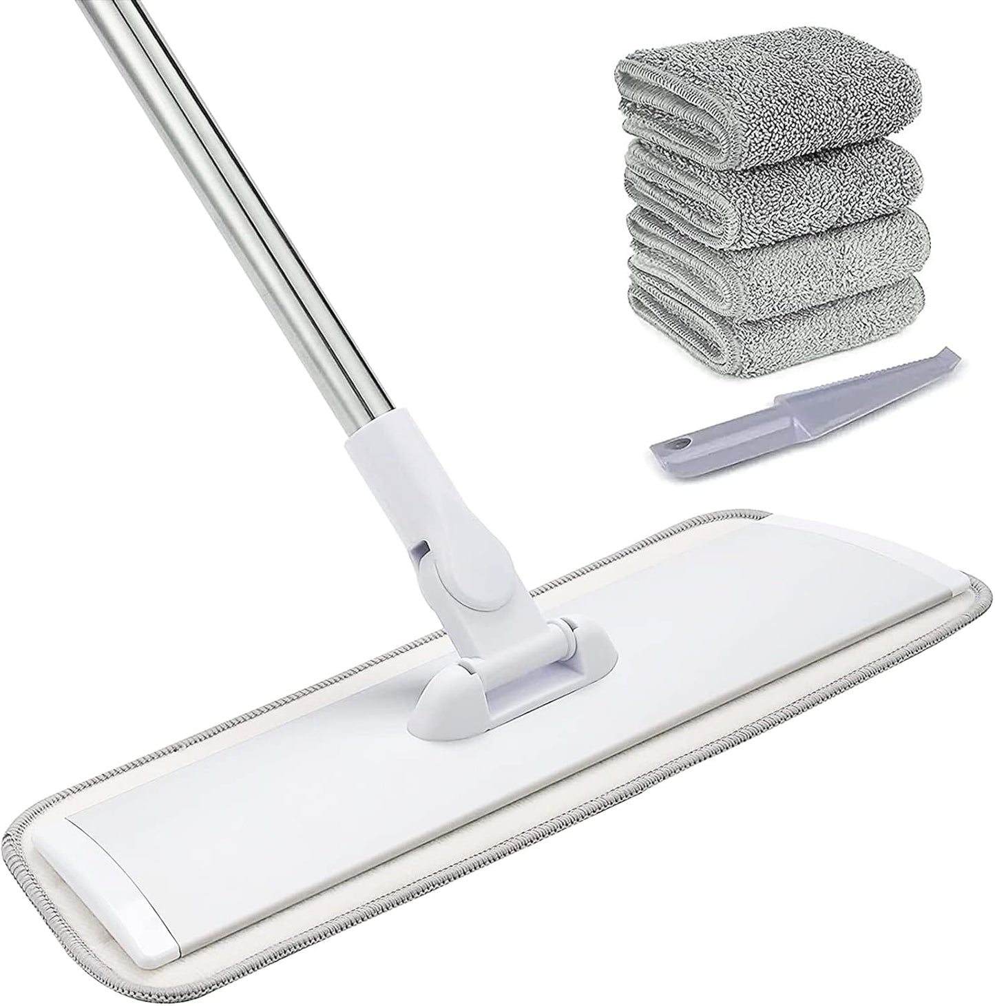 18" Professional Microfiber Mop Floor Cleaning System, Flat Mops with Stainless Steel Handle, 4 Reusable Washable Mop Pads, Wet and Dust Mopping for Hardwood, Vinyl, Laminate (White&Grey)