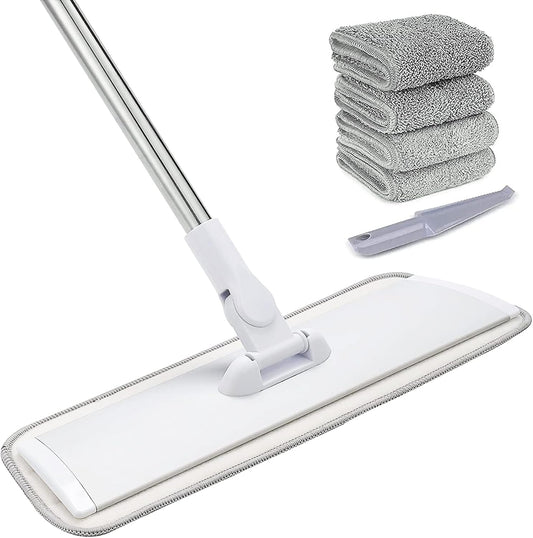 18" Professional Microfiber Mop Floor Cleaning System, Flat Mops with Stainless Steel Handle, 4 Reusable Washable Mop Pads, Wet and Dust Mopping for Hardwood, Vinyl, Laminate (White&Grey)