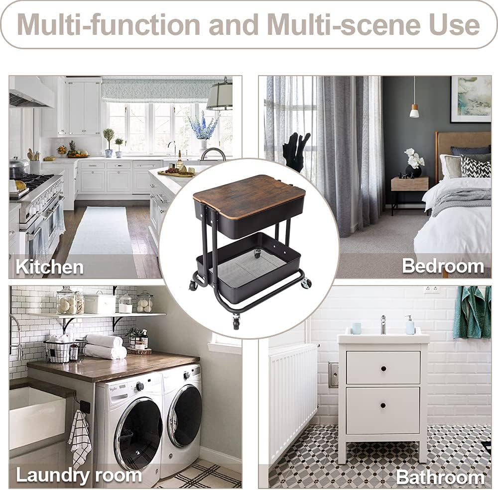 Melody House 2-Tier Metal Utility Rolling Cart Storage Organizer with Cover Board Mobile Trolley Sofa Side Table with Wheels for Office Home Kitchen Organization Black