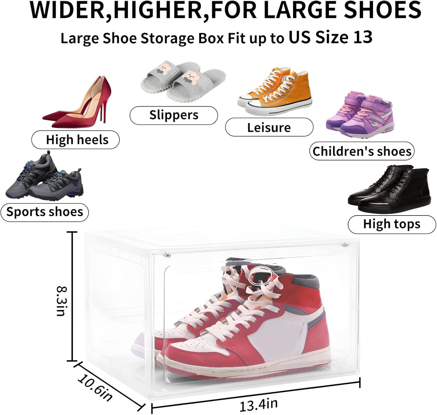 Large Shoe Boxes Clear Plastic Stackable, 8 Pack Drop Side Shoe Storage Organizer with Magnetic Door, Shoe Container Sneaker Storage Display Case Fit up to US Size 13 CLEAR