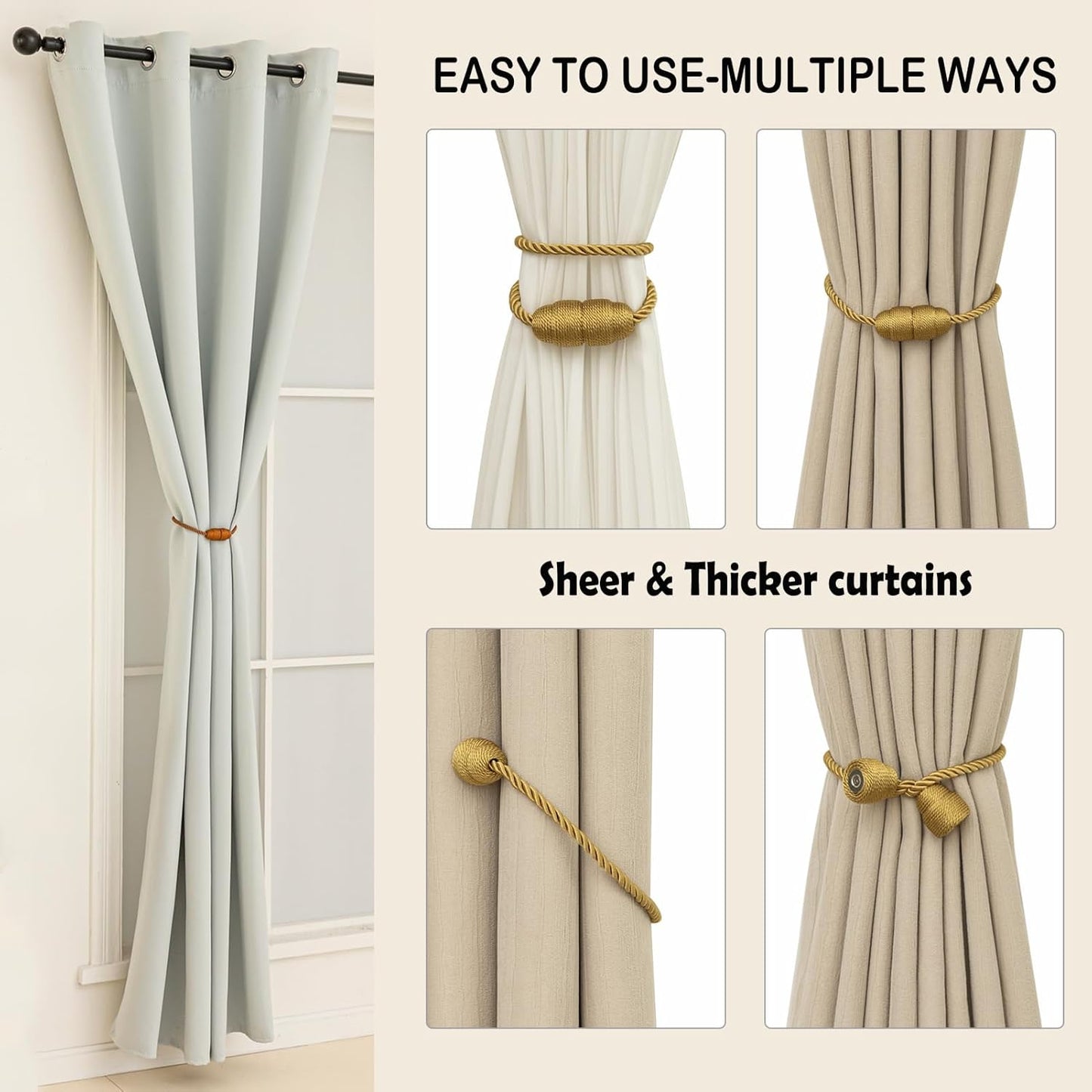 Magnetic Curtain Tiebacks Rope Curtain Tie Backs for Curtains 2 Pack Curtain Holders for Drapes Decorative Window Curtain Holdbacks, Gold