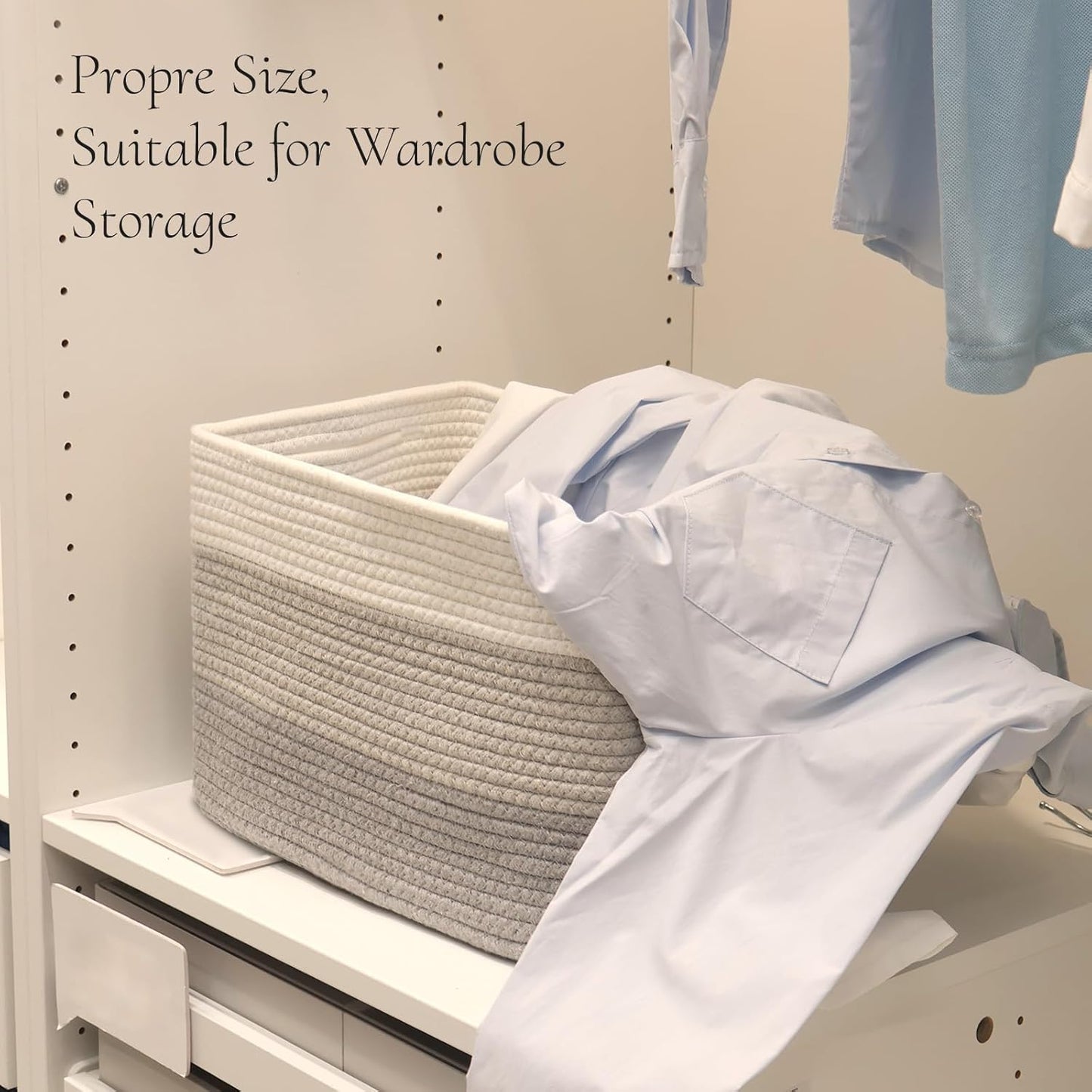 Hopegiver Woven Storage Baskets 15x11x10 Inch, 3 Pack Collapsible Cube Storage Bin for Shelves - Foldable Cotton Rope Organizer Bins for Towels, Toys, Books, Closet, Nursery (White Light-Gray Gray)