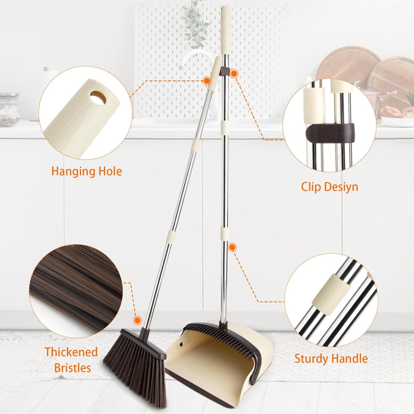 Broom and Dustpan Set, Dustpan Combo with 51" Stainless Steel Long Handle Brooms with 5-Layer Soft Bristles for Home Office Kitchen Bathroom(Beige)