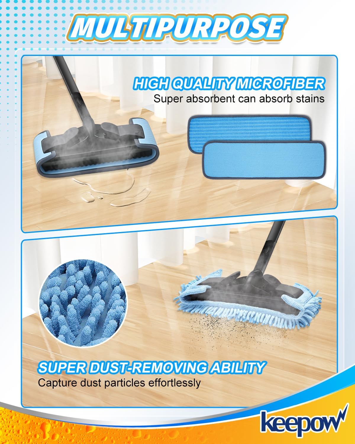 KEEPOW Reusable Microfiber Mop Pads Compatible with Wagner 905e, 915e & 925e Steamers, Reusable Microfiber Cleaning Pad and Chenille Mop Pads for Hardwood Floor Cleaning 2+2 Pack (Mop is Not Included)