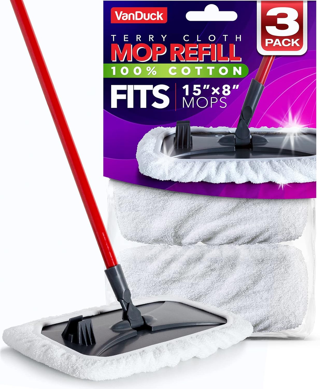 VanDuck 100% Cotton Terry Mop Pads 15x8 Inches 3-Pack, Terry Cloth Mop Covers (Handle is Not Included)