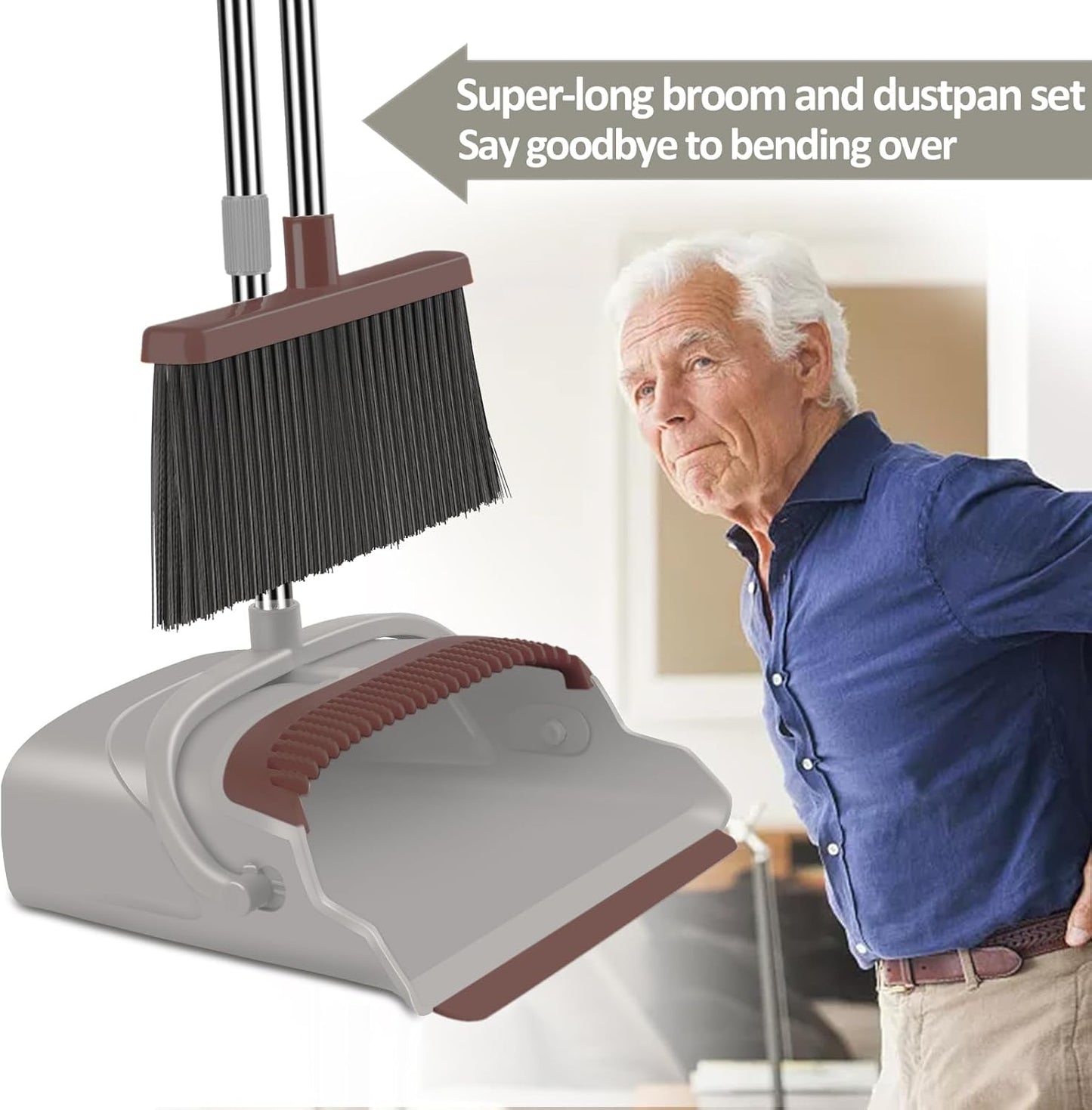 kelamayi Upgrade Broom and Dustpan Set, Self-Cleaning with Dustpan Teeth, Ideal for Dog Cat Pets Home Use, Super Long Handle Upright Stand Up Broom and Dustpan Set (Brown)