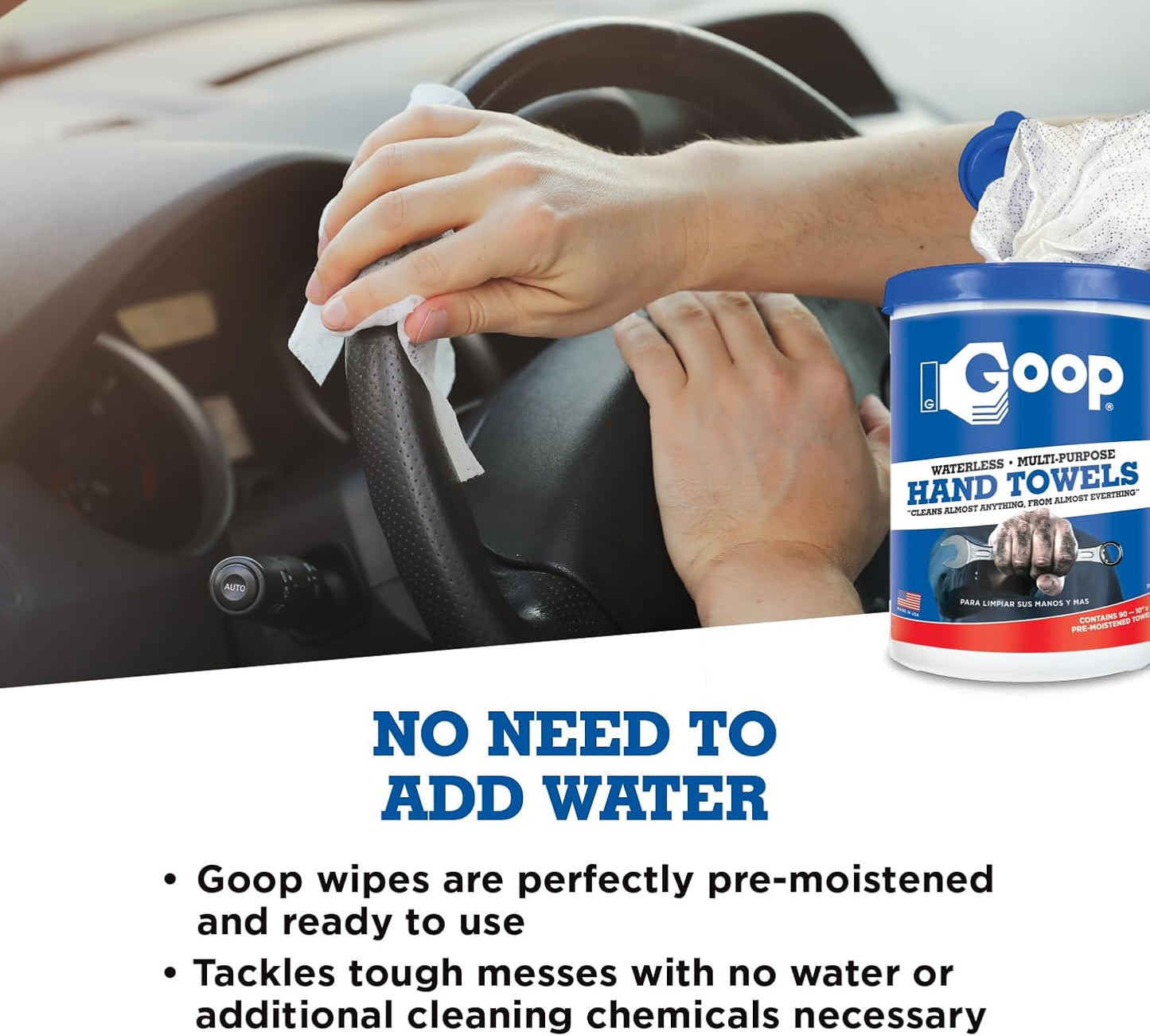 GOOP Multi-Purpose Waterless Hand Cleaner Towels - 90, 10" x 12" Towels (Pack of 2)