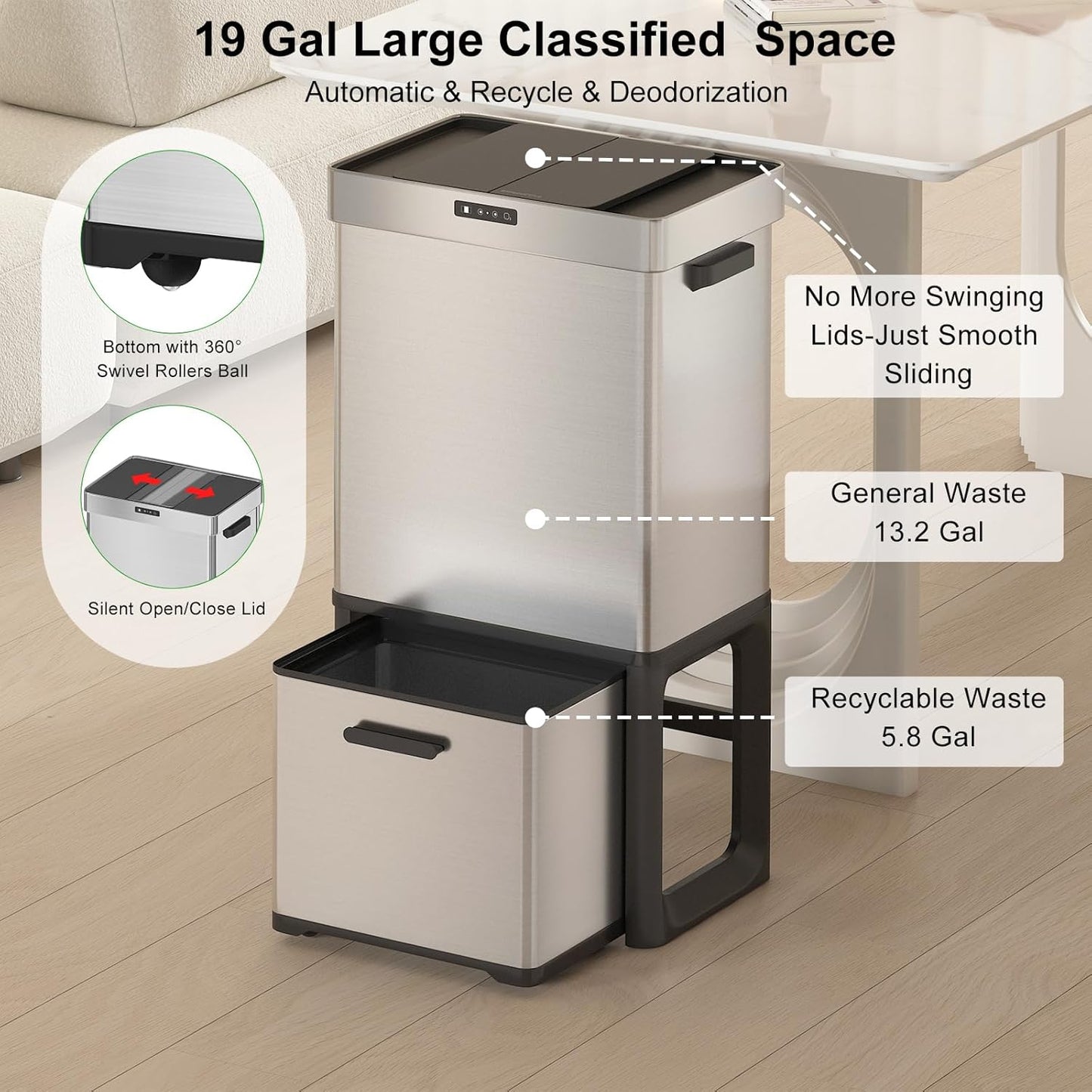 19 Gal Kitchen Automatic Motion Sensor Trash Can with 2 Recycling Dustbin(50L+22L),Ozone Odor Control Stainless Steel Garbage Can with Slide-Open Lid
