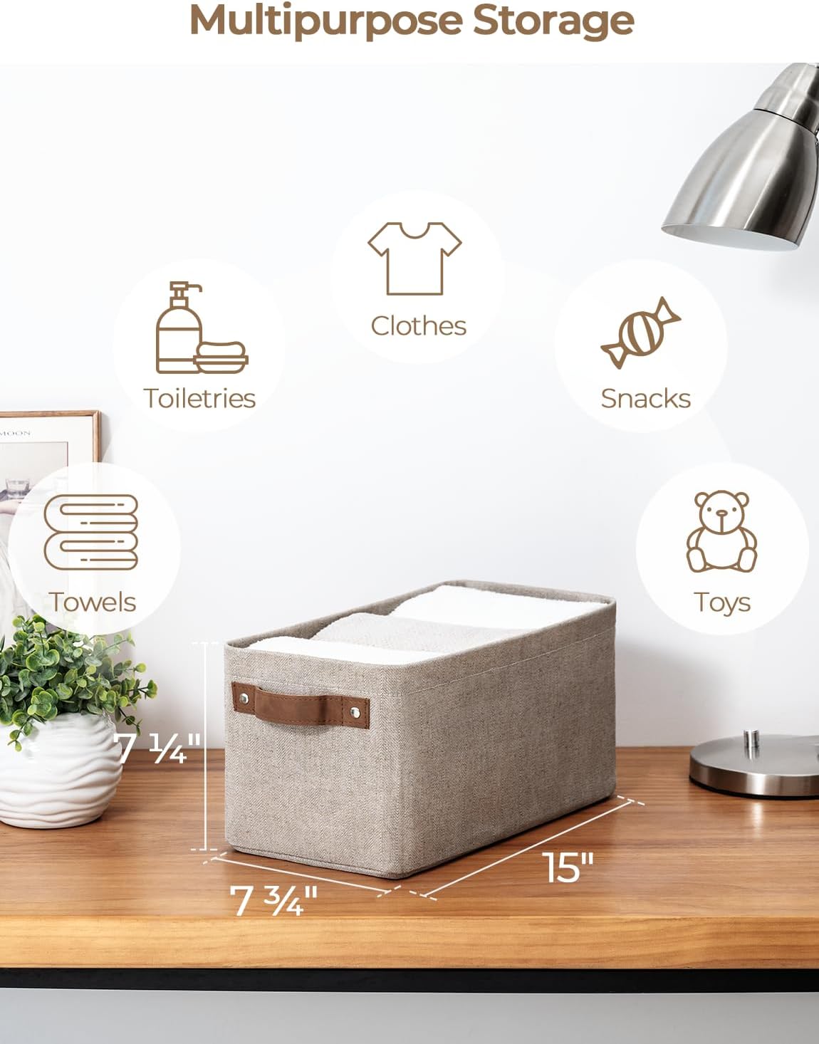 StorageWorks Narrow Storage Bins, Small Basket for Closet and Shelves, Rectangular Fabric Organizer with Handles, Toilet Paper Storage, Brown and Beige, 2-Pack