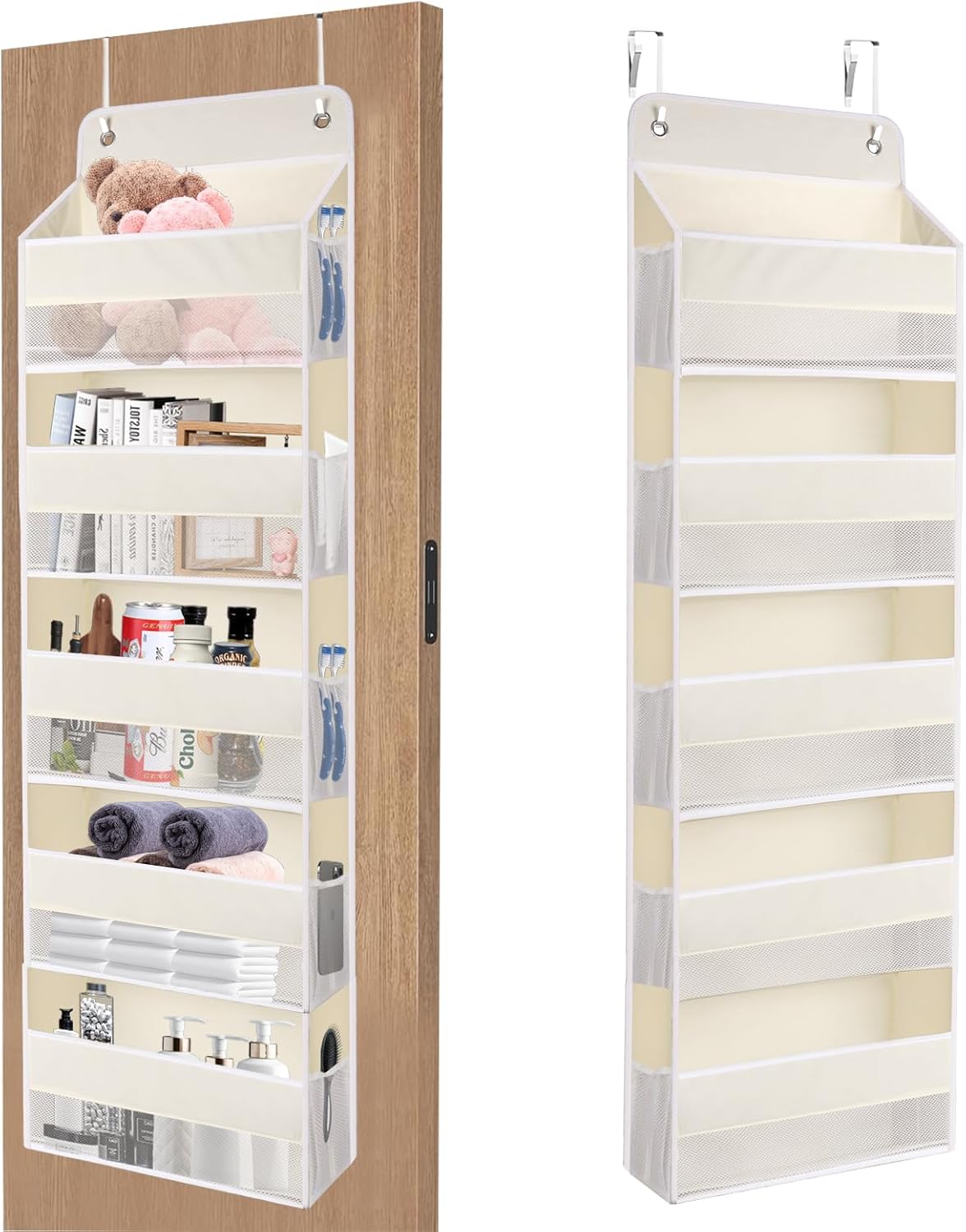 QINGUANG Over The Door Organizer,Hanging Organization and Storage, Behind Door Organizer with Side Pockets, 44 lbs Capacity,Anti Tilt, for Nursery, Bathroom, Bedroom,Dorm 5-Shelf Beige