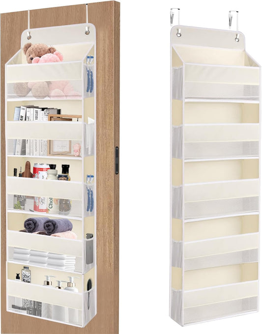 QINGUANG Over The Door Organizer,Hanging Organization and Storage, Behind Door Organizer with Side Pockets, 44 lbs Capacity,Anti Tilt, for Nursery, Bathroom, Bedroom,Dorm 5-Shelf Beige