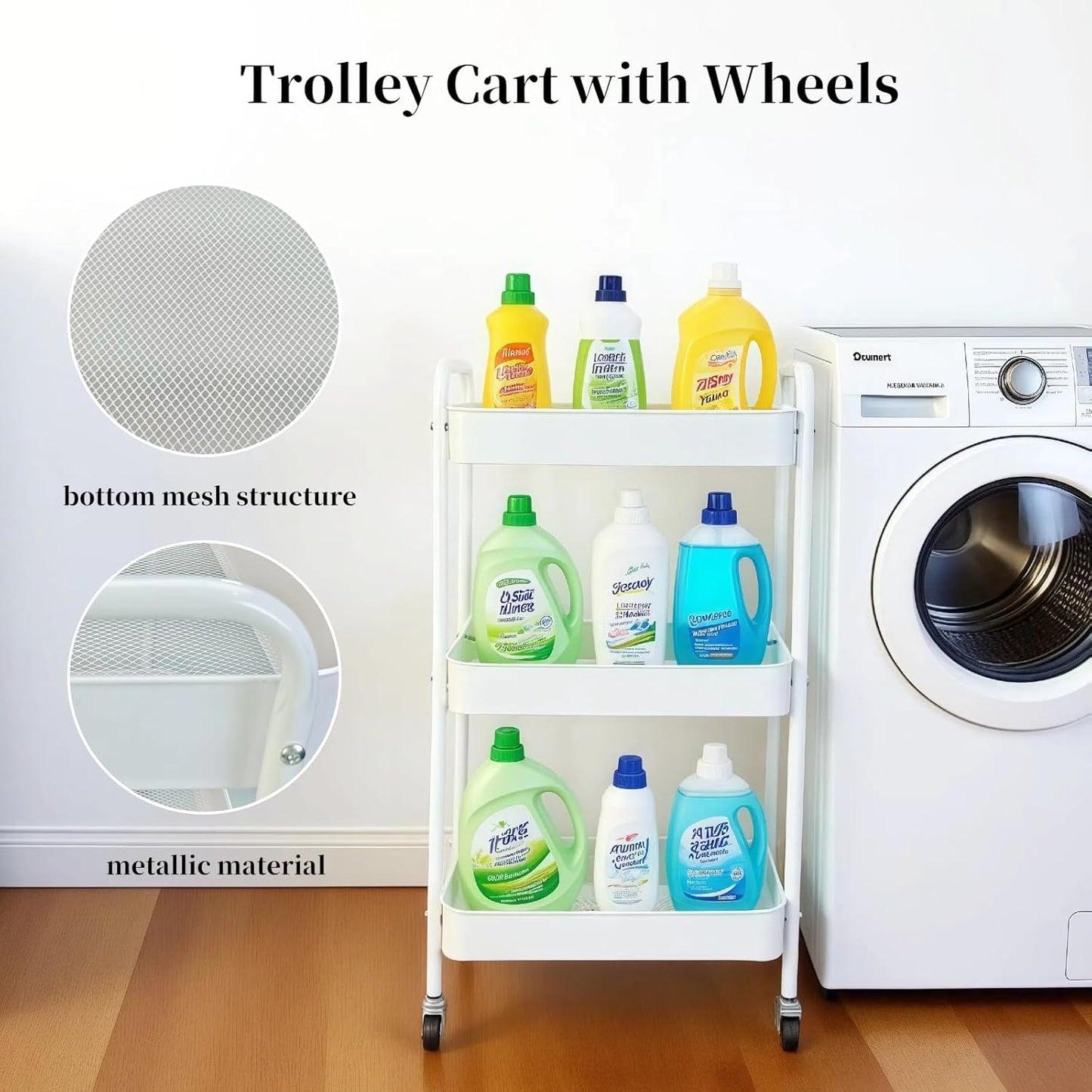 Metal 3 Tier Rolling Cart with Wheels for Kitchen Storage & Laundry Room Organization, Bedside Cart with Handle and 4 Hooks, Versatile Large Capacity Art & Craft Storage Organizer, White