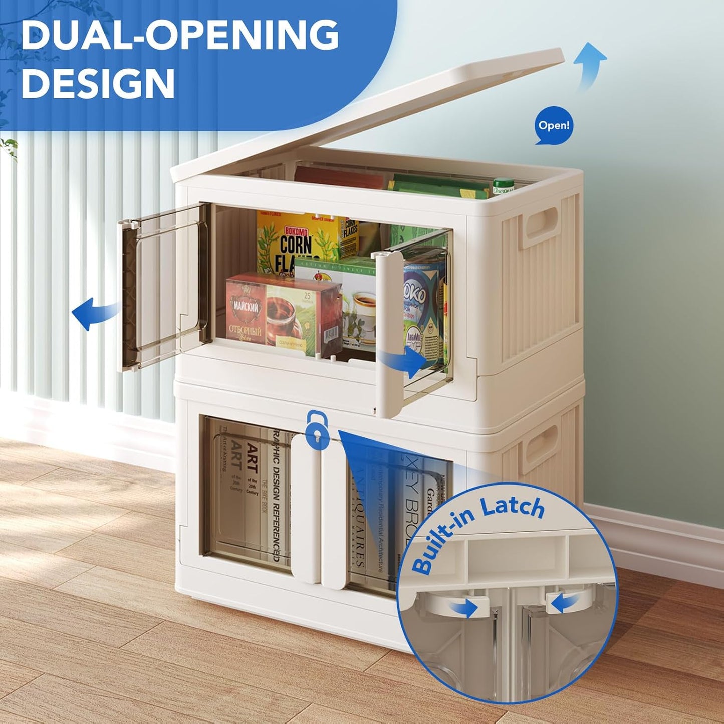 FLEXIMOUNTS 75 QT Stackable Storage Bins With Lids, Collapsible Plastic Storage Bins, Closet Organizers and Storage Containers with Doors and Built-in Wheels For Home, 2 Pack Cubes, Milky White