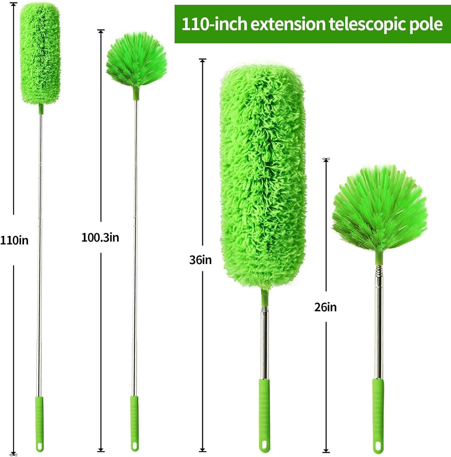 Cobweb Duster with Extension Pole, Washable Cleaning Duster Set with 2 Duster Heads, Corner Brush, 15-110-Inch Telescoping Pole for high Ceiling Fans, Long Duster for high Ceilings，Reach Duster