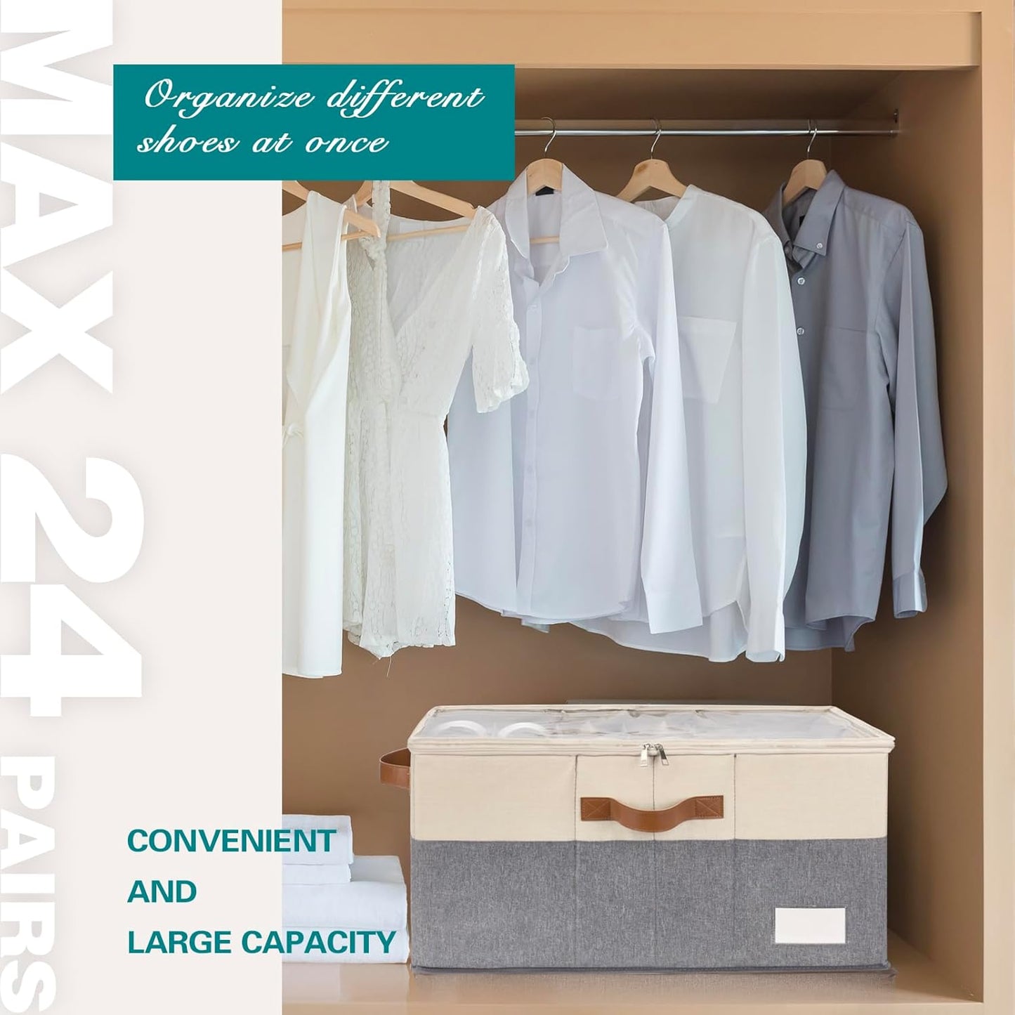 Shoe Organizer for Closet, Foldable Shoe Storage Bins with Clear Cover, Space Saving Shoes Holder with 4 Handles, Large Adjustable Shoe Box Storage Containers, Fits 12-24 Pairs, 2 Pack, Beige