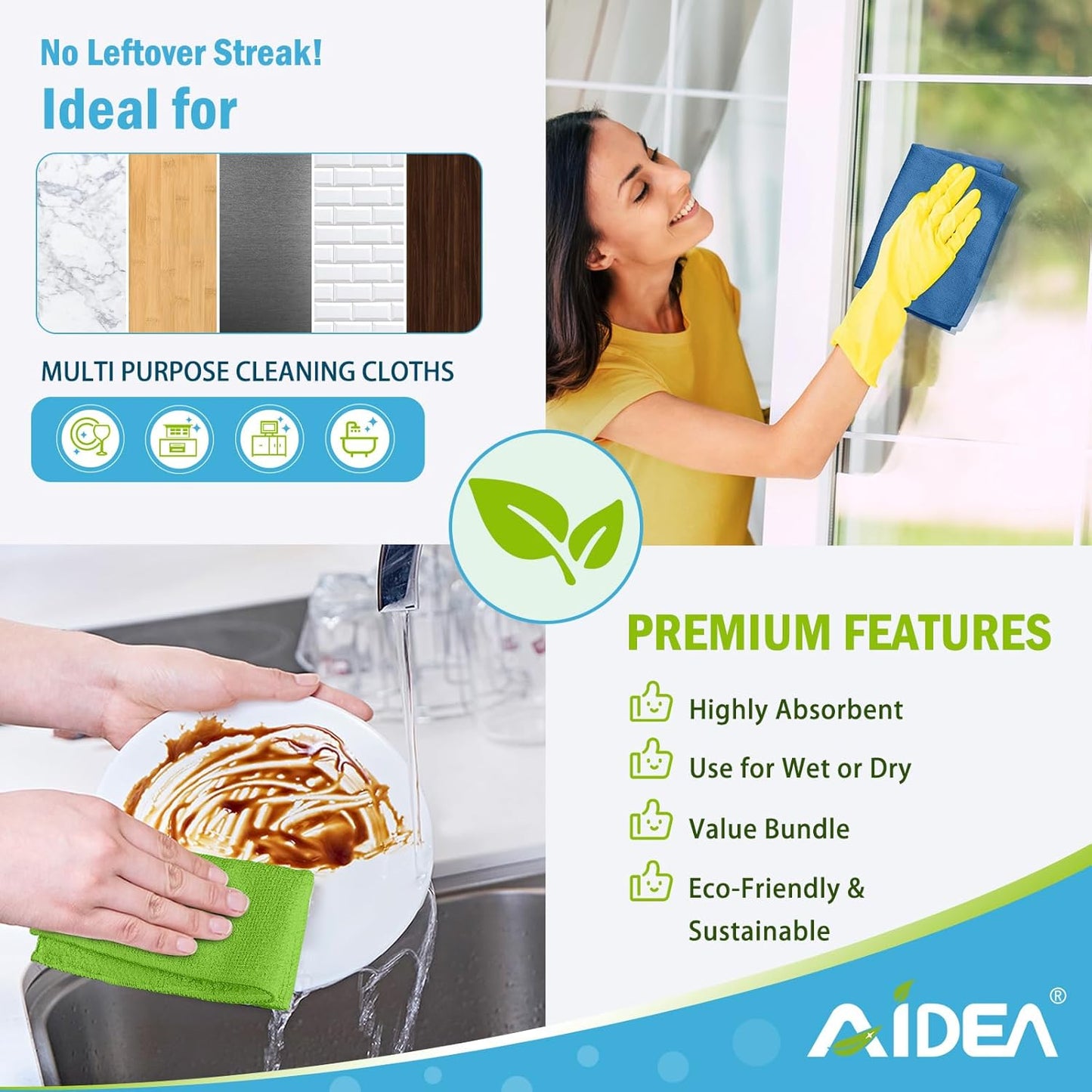 AIDEA Microfiber Cleaning Cloth, 50PK, Microfiber Towels for Cars, All Purpose Cleaning Rags for House, Dusting Cloth for Kitchen, Car, Window, 12"×12"